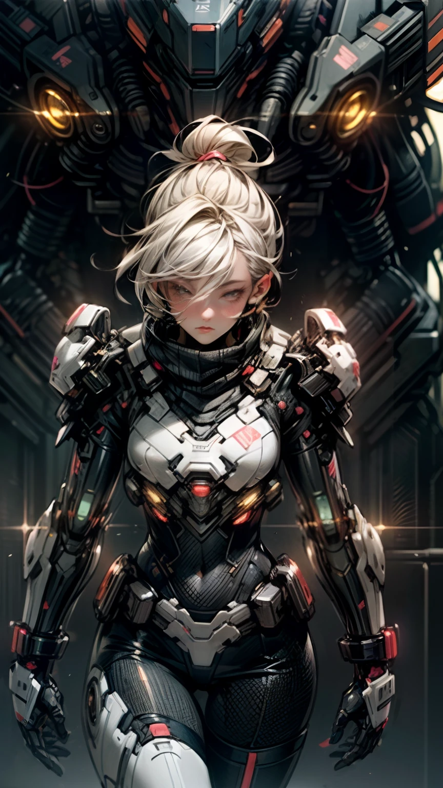 (8k, best quality:1.2), ultra-detailed, realistic:1.37, portraits, cyberpunk, vibrant colors, metallic glimmers, dramatic lighting, thigh-high boots, futuristic body parts, woman with defined physical features, glowing cybernetic enhancements, short lace underwear, confident pose, dynamic perspective, neon-lit cityscape background, sleek hairstyle, intense gaze, intricate tattoos, reflective surfaces, holographic elements