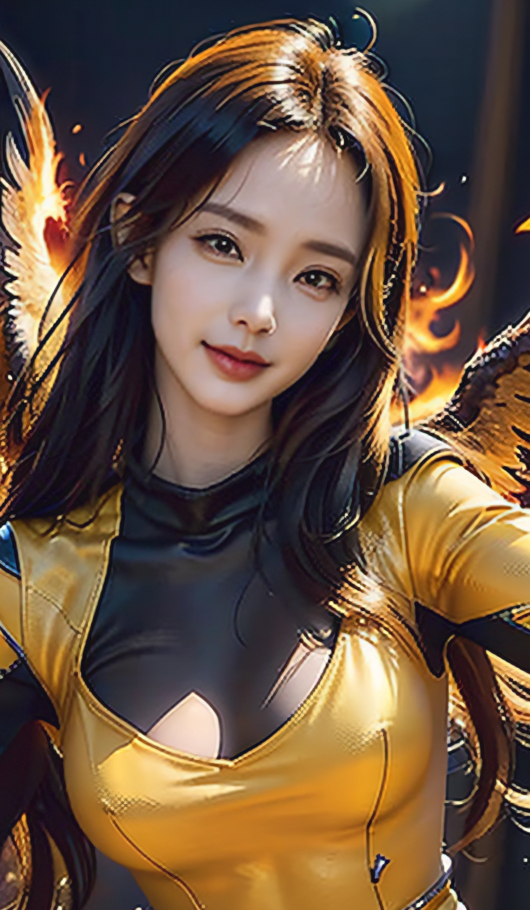 A closeup of a woman，There is fire and flame on the body, with fiery golden wings of flame, with fiery golden wings, Epic fantasy art style, concept-art | Art germ, phoenix warrior, Extremely detailed Artgerm, Epic fantasy digital art style, female lord of change, full portrait of elementalist, epic exquisite  character art