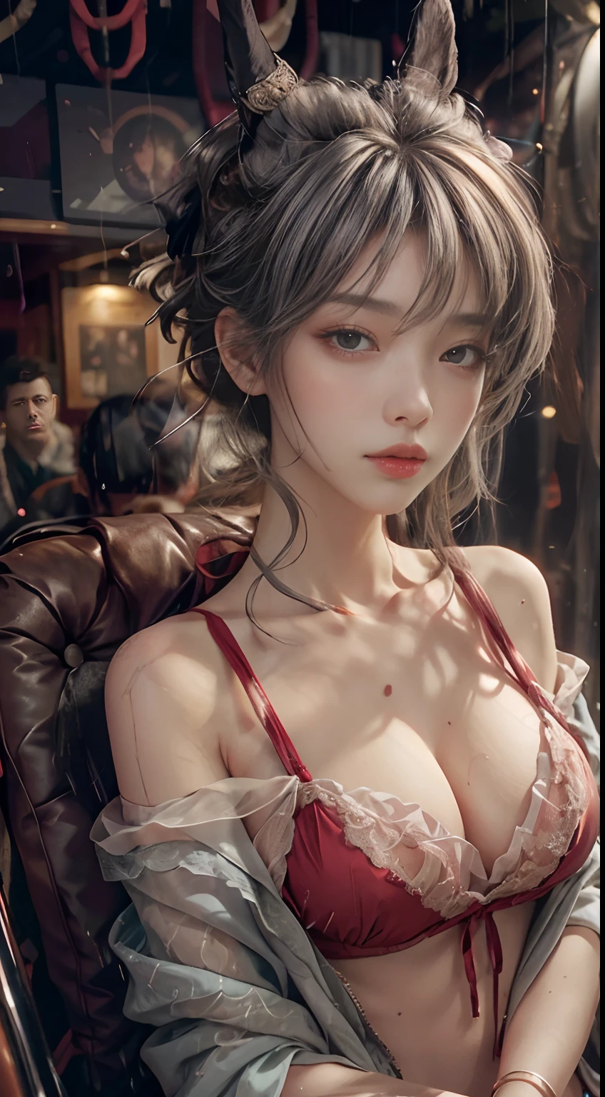 close-up of the private parts，（fidelity：1.4）,（Big chest：1.2）ultra-high resolution，On board a private jet，rainy outside，Erotic lingerie，Gray hair，short hair，off shoulders，