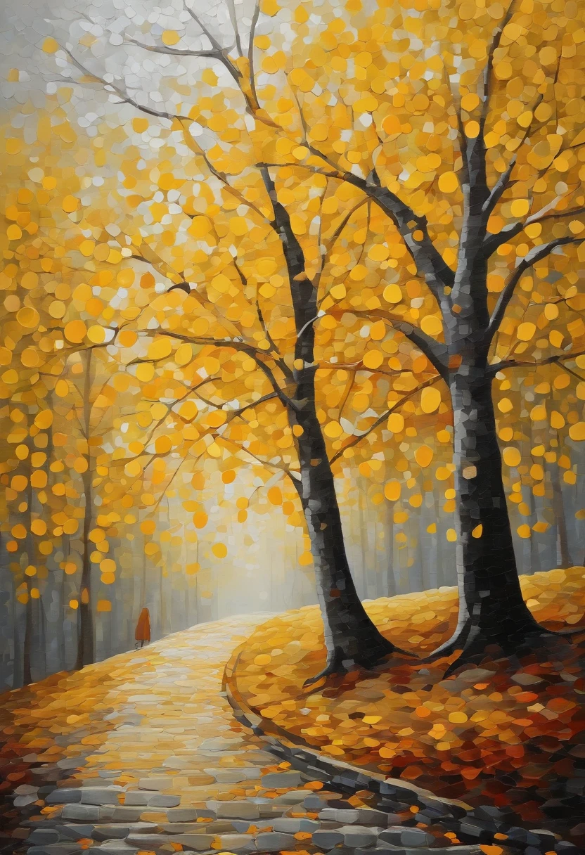tree autumn forest large abstract painting for home, in the style of pointillist dot paintings, light yellow and gray, colorful sidewalk scenes, ferrania p30, nostalgic paintings, light silver and silver, distorted perspective