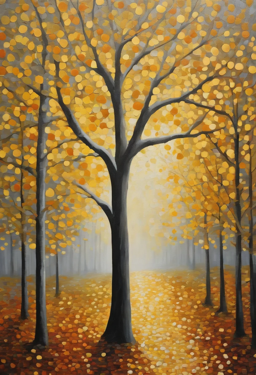 tree autumn forest large abstract painting for home, in the style of pointillist dot paintings, light yellow and gray, colorful sidewalk scenes, ferrania p30, nostalgic paintings, light silver and silver, distorted perspective