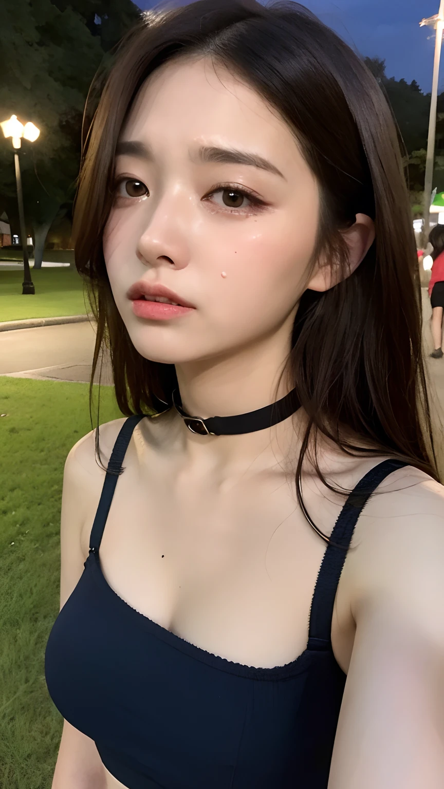 (realisitic、hight resolution:1.2)、1 Japan Female、super fine face and eyes、length hair、Fearful face、Crying face、In the park at night、beutiful breast、Dirty bra、sheer panty、Wearing a collar、Prone