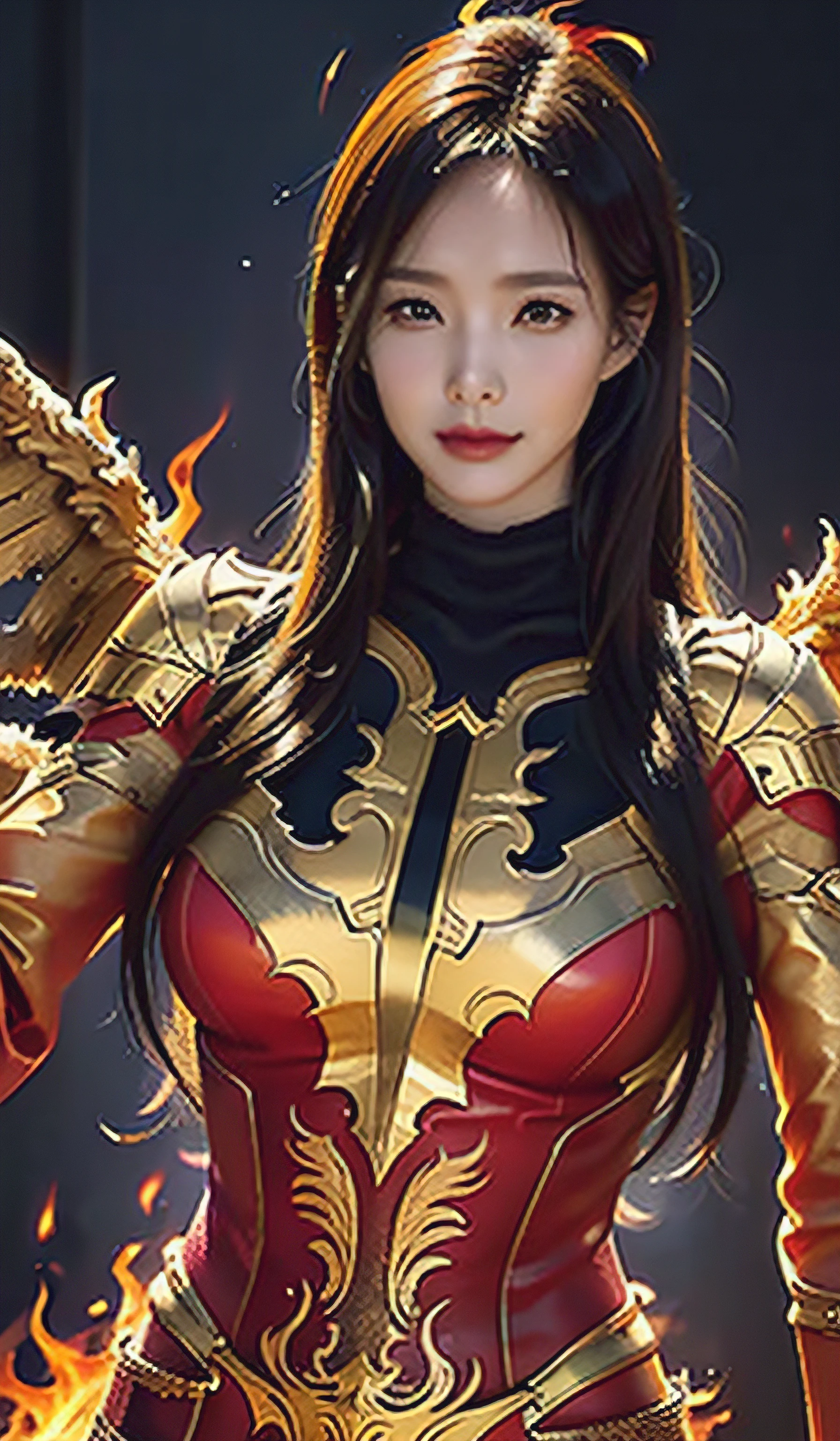 A closeup of a woman，There is fire and flame on the body, with fiery golden wings of flame, with fiery golden wings, Epic fantasy art style, concept-art | Art germ, phoenix warrior, Extremely detailed Artgerm, Epic fantasy digital art style, female lord of change, full portrait of elementalist, epic exquisite  character art