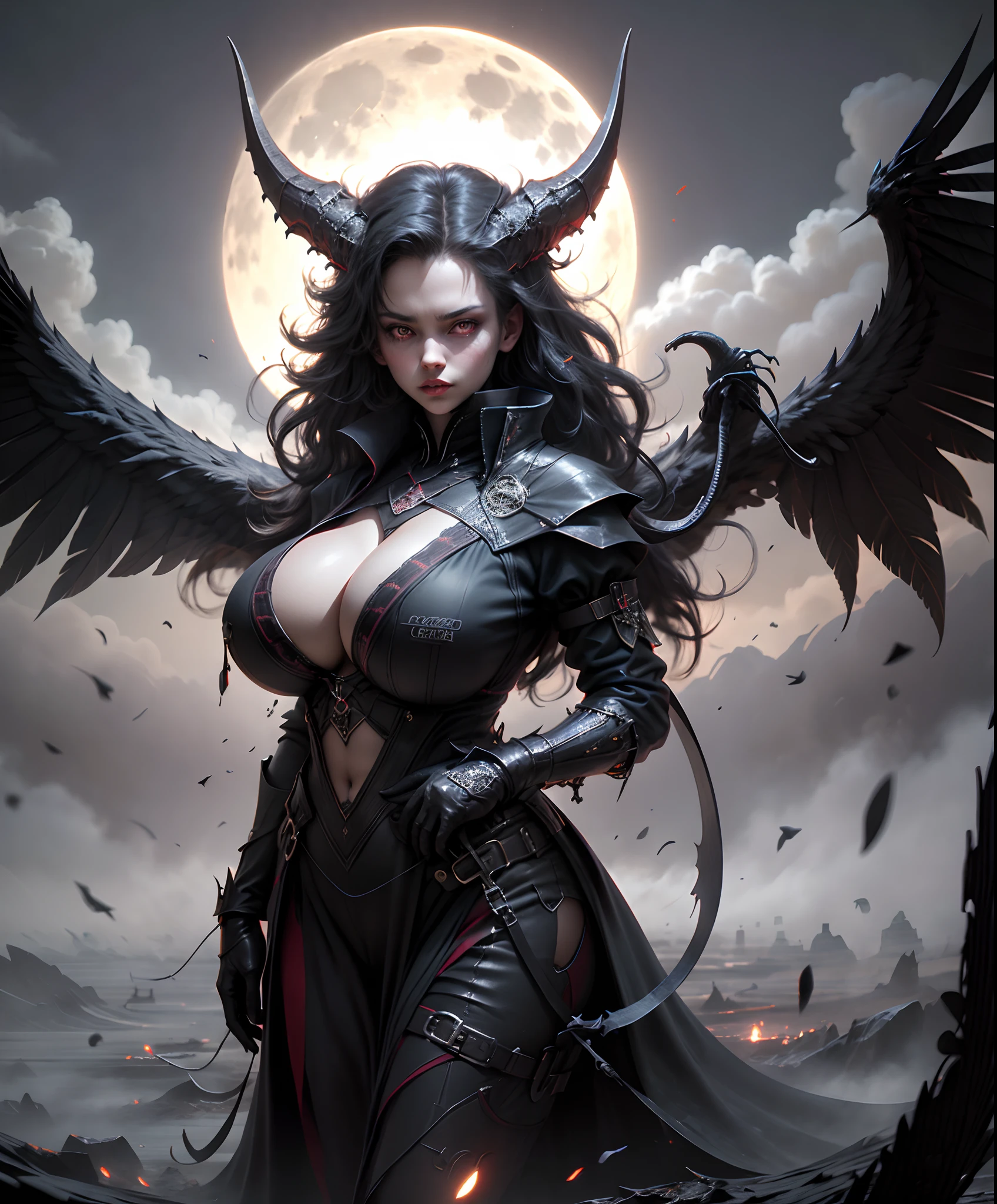 masterpiece, 1girl, devils child,darkness, (very large boobs:1.5), pentagram, full moon, creepy, mist, red eyes, horns