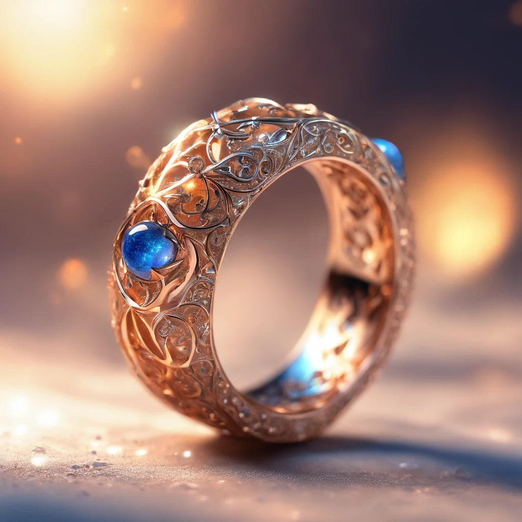 A metal ring, forged from the heart of a dying star, glows with an ethereal, otherworldly radiance. Its surface shimmers with a deep, cosmic blue, as if holding the secrets of the universe within. Swirling patterns of stardust dance across its smooth, polished surface, creating a mesmerizing spectacle. Held in one's hand, it seems to hum with the echoes of celestial fires and the ancient wisdom of the cosmos. This ring is not just an ornament; it's a relic of cosmic creation, a tangible connection to the birth and death of stars. Best quality, intricate details, clean lines, captivating composition, cosmic tones, anime realism, capturing the essence of celestial wonder and cosmic mysteries, a truly unique and entrancing illustration