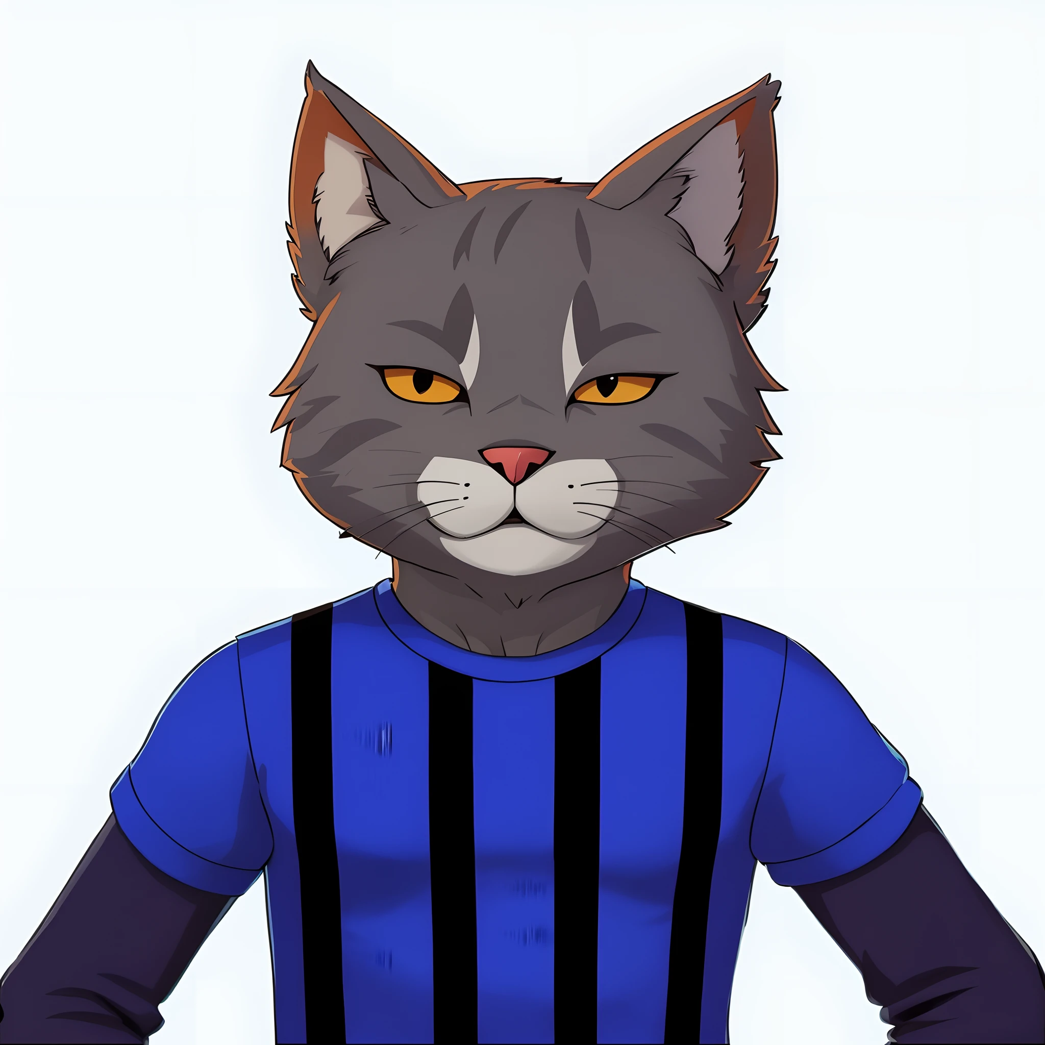 There's a cat with a blue shirt and a black vest, Retrato de personagem peludo, um Clube do Gato, personagem peludo, Clube do Gato, Personagem altamente detalhado, anthropomorphic female cat, Gatopomórfico Club, Retrato de um clube, generic furry style, bonito weasel fursona retrato, sem linha, ninja do Clube do Gatomorfo