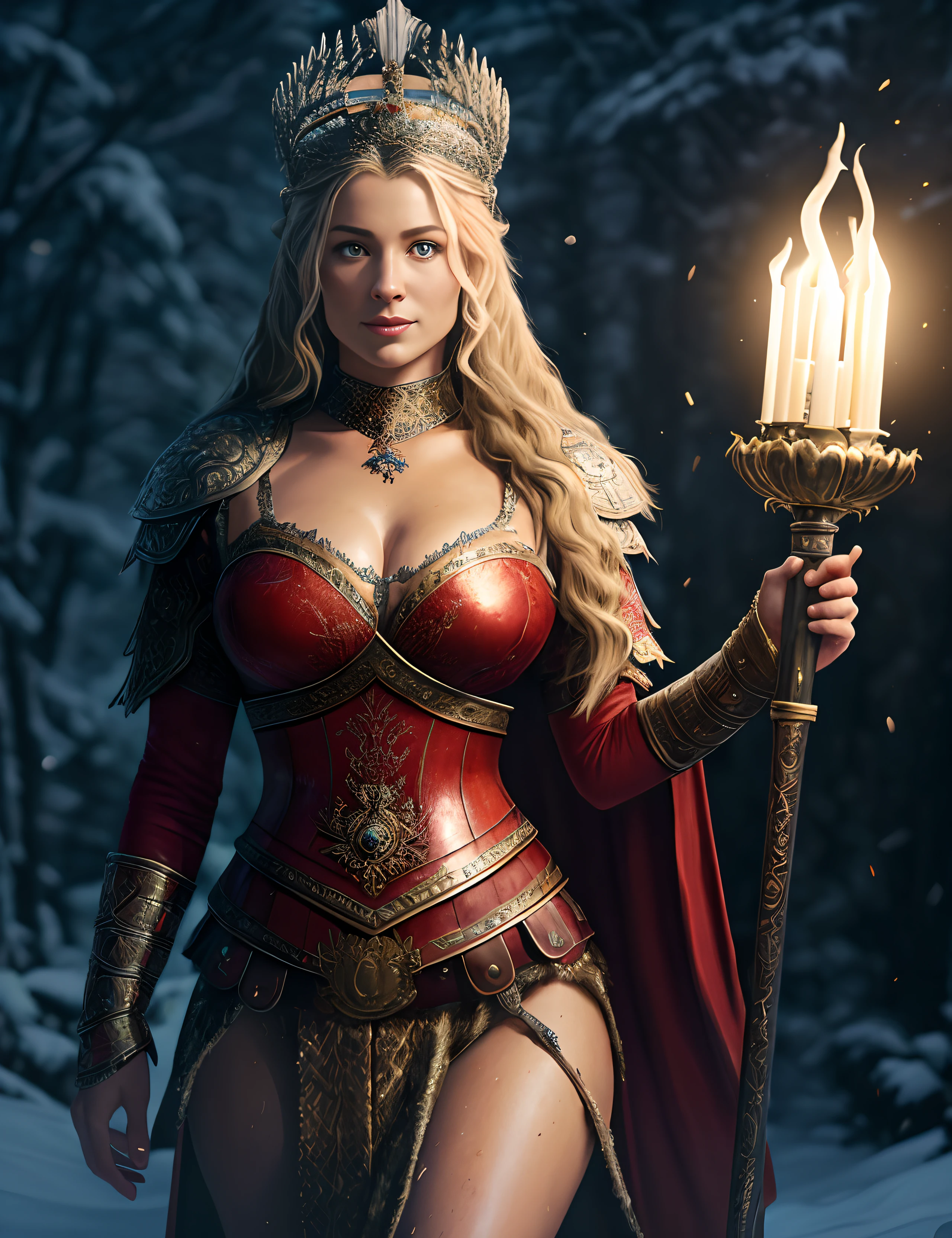 Full body Portrait of the Great Nordic Queen, a very gorgeous woman, 40 years old, erotic warrior costumes, dark red styled fluffy hair, natural Blue eyes, a nose with a bump, an elongated chin, dressed in ancient national,
8k resolution, dynamic lighting hyperdetailed intricately detailed Splash art trending on Artstation triadic colors Unreal Engine 5 volumetric lighting, oil painting, heavy strokes