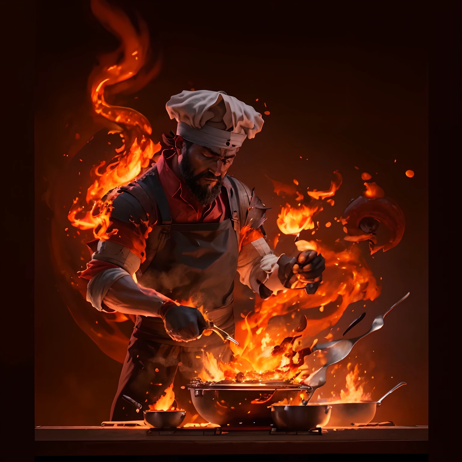 Close-up of a person cooking food on the grill, cooking it up, God of forging, Blacksmith, Cook, Cooking, casting a fire spell, Blacksmith, pyromancer, as chefs inside cthulhu, baking artwork, best chef, fire spell, gourmet cooking, playing with fire, Epic illustrations, Stunning artwork, lord of cinder
