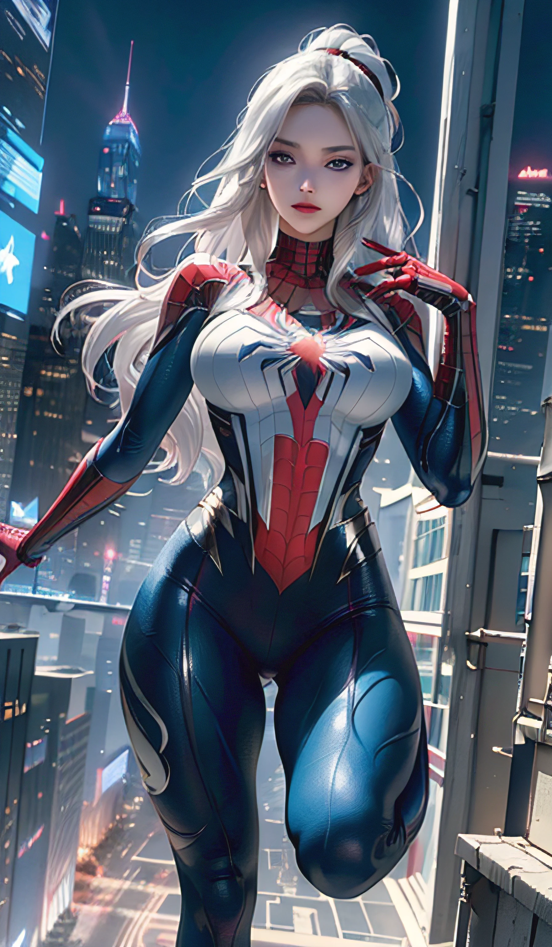 (Masterpiece, 4k resolution, ultra-realistic, very detailed), (White superhero theme, charismatic, there's a girl on top of town, wearing Spider-Man costume, she's a superhero), [ ((25 years), (long white hair:1.2), full body, (blue eyes:1.2), ((Spider-Man pose),show of strength, jumping from one building to another), ((sandy urban environment):0.8)| (cityscape, at night, dynamic lights), (full moon))] # Explanation: The Prompt mainly describes a 4K painting of ultra-high definition, very realistic, very detailed. It shows a superheroine at the top of the city, wearing a Spider-Man costume. The theme in the painting is a white superhero theme, the female protagonist has long white hair, is 25 years old and her entire body is shown in the painting. In terms of portraying the actions of superheroines, spiders are employed