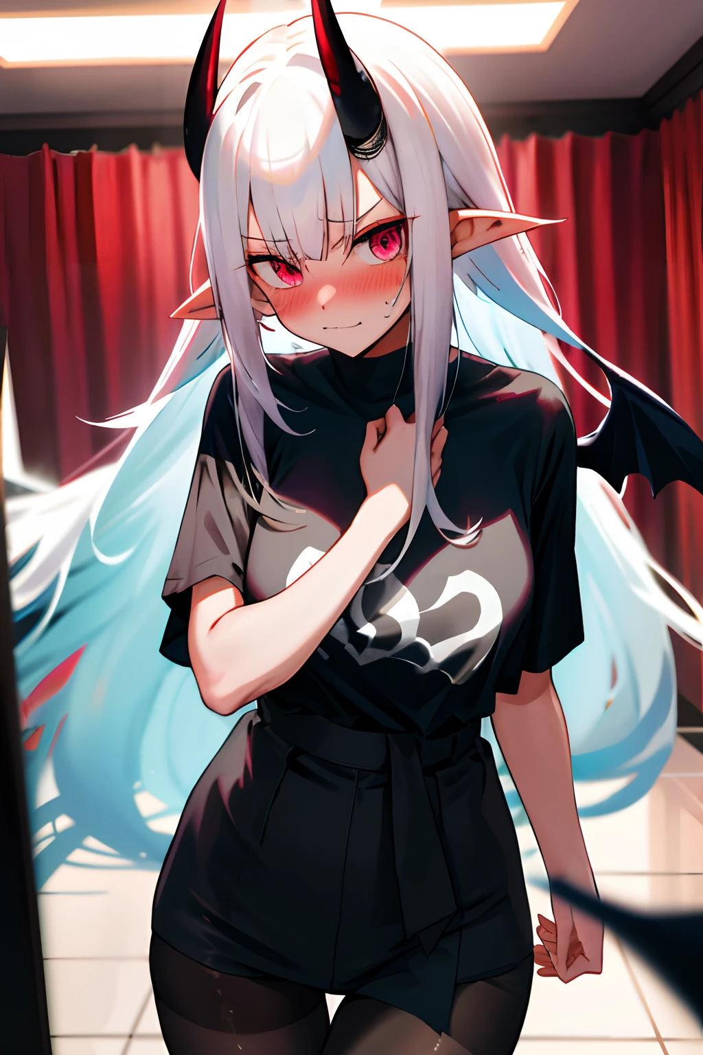 boy, white hair, long straight hair, red eyes, wild smile, sharp teeth, pointed ears, beige skin, white sweater, black cargo pants, red tribal tattoos, facial red tattoo, feather necklace, high quality, high details, 4K, anatomically correct