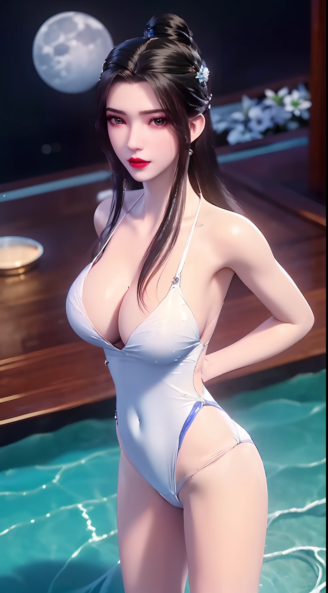 1 beautiful and sexy 20 year old girl, ((wearing a white thigh-length swimsuit:2)), ((Swimsuit with deep cleavage and very sexy:2)), girl standing by the river bank, not wearing pants, sexy hanfu style, ((long black hair:1.7)), jewelry elaborately made from precious stones and beautiful hair, the noble, noble style of an extremely beautiful girl, her small face is super cute, her face is very pretty, thin eyebrows, flawless beautiful face, ((black eye pupils: 0.8)), very beautiful eyes, ((pale platinum color eyes: 1)), (((big round eyes:1.6))), nice makeup and hair detailed eyelashes, steamy eye makeup, high nose, earrings, red lips, ((closed mouth: 1.5)) beautiful lips, slim hands, most beautiful thighs, ((arms spread out to the sides: 1.5)), rosy face, clean face, flawless beautiful face, smooth white skin, plump body, beautiful cleavage, (((breasts are round and full: 1.8))), beautiful breasts, perfect body, ((put girl's arms behind her back:2)), chest out, ((standing and posing on the riverbank:1.6)), ((Open your legs:1.5)), not ashamed, 8k photo, super high quality, super realistic, super 10x pixels, optical, bright studio, bright edges, dual-tone lighting, (high-detail skin:1.2), super 8k, soft lighting, high quality, volumetric lighting, photorealistic, photorealistic high resolution, lighting, best photo, 4k, 8k quality, smooth sharp, 10x pixel, ((river under moonlight background:1.5)), aurora, lightning, super graphics realistic, most realistic graphics, 1 girl, alone, solo, Extremely sharp image, surreal, ((portrait:1.5))."