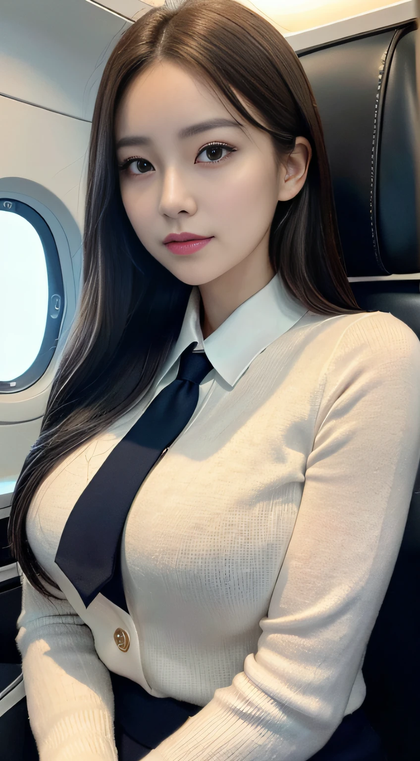 Ultra detail, high resolution, (realistic, realistic:1.4), 8k, (best quality), physical-based rendering, photorealistic photography, professional color grading, highest quality, captivating photos that capture the elegance of the flight attendant standing elegantly in the cabin. The scene depicts a well-dressed woman exuding confidence and professionalism as she carries out her duties. The composition paid close attention to the details of her uniform and accessories. The lighting highlights her features, emphasizing her calmness and charm. The color temperature is warm, which adds sophistication to the image. Facial expressions indicate a warm and friendly demeanor