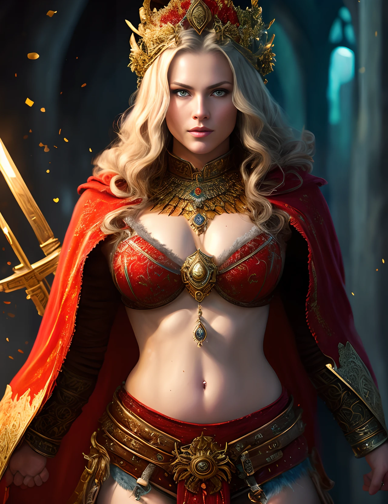 Full body Portrait of the Great Nordic Queen, a very gorgeous woman, 40 years old, erotic warrior costumes, dark red styled fluffy hair, natural Blue eyes, a nose with a bump, an elongated chin, dressed in ancient national,
8k resolution, dynamic lighting hyperdetailed intricately detailed Splash art trending on Artstation triadic colors Unreal Engine 5 volumetric lighting, oil painting, heavy strokes