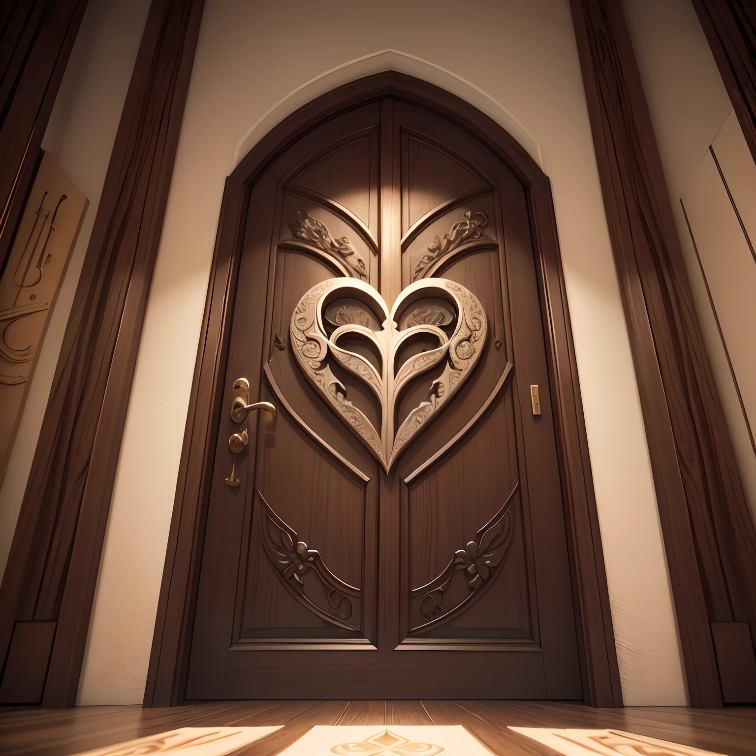 Develop a realistic cinematic image that captures the scene of a human heart door being gently opened. A porta, simbolicamente representando a entrada para a alma, It is decorated with significant details, Like carvings that tell life stories. A luz divina irradia da abertura da porta, Revealing an Approaching Divine Presence. The setting is serene and spiritual, with elements that suggest peace and grace. A cena representa o encontro entre a humanidade e o divino, highlighting the importance of communion and responding to God's voice."