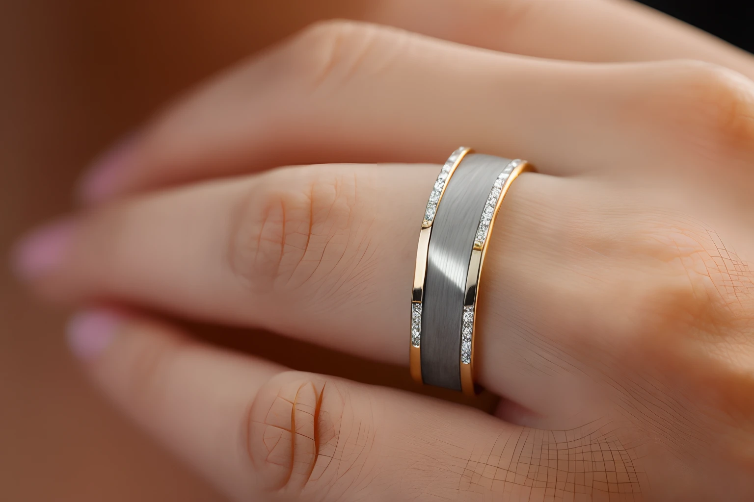 Photo,  Photorealistic, Art ring, gold and platinum, modern design, shift-tilt shot