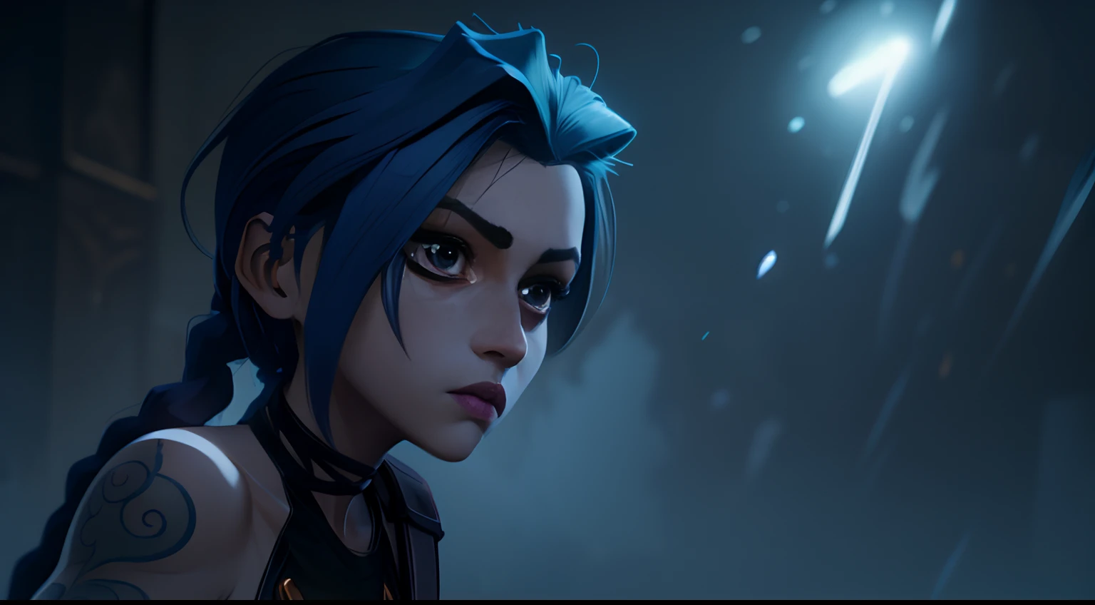 Jinx's character design, stands on the edge of the roof, There is fog all around, blue and purple flashes, explosions, Beautiful figure, Arcane's Jinx, Bright blue and purple sparks all around, glowing eyes, Pink glowing eyes, hairlong, hairsh, braided into long braids, Pigtails hang below the knee, Hair color changes from bright blue to navy blue, Dressed in brown breeches, Leather boots on the feet, Top with four gold circles on the chest in the middle of the chest, Blue cloud tattoos on shoulders and waist, Long bangs, hanging on the right side, Belt with cartridges on the belt, Arcane style, extremely detailed CG unity 8k wallpaper, detailed light, Cinematic lighting, chromatic aberration, glittering, expressionless, epic composition, dark in the background, Cherecter Desing, Very detailed, Detailed body, Vibrants, Detailed Face, sharp-focus, anime art, Vibrants, Detailed Face, Hugh Details, sharp-focus, Very drooping face, A detailed eye, super fine illustration, better shadow, finely detail, Beautiful detailed glow, Beautiful detailed, Extremely detailed, expressionless, epic composition,
