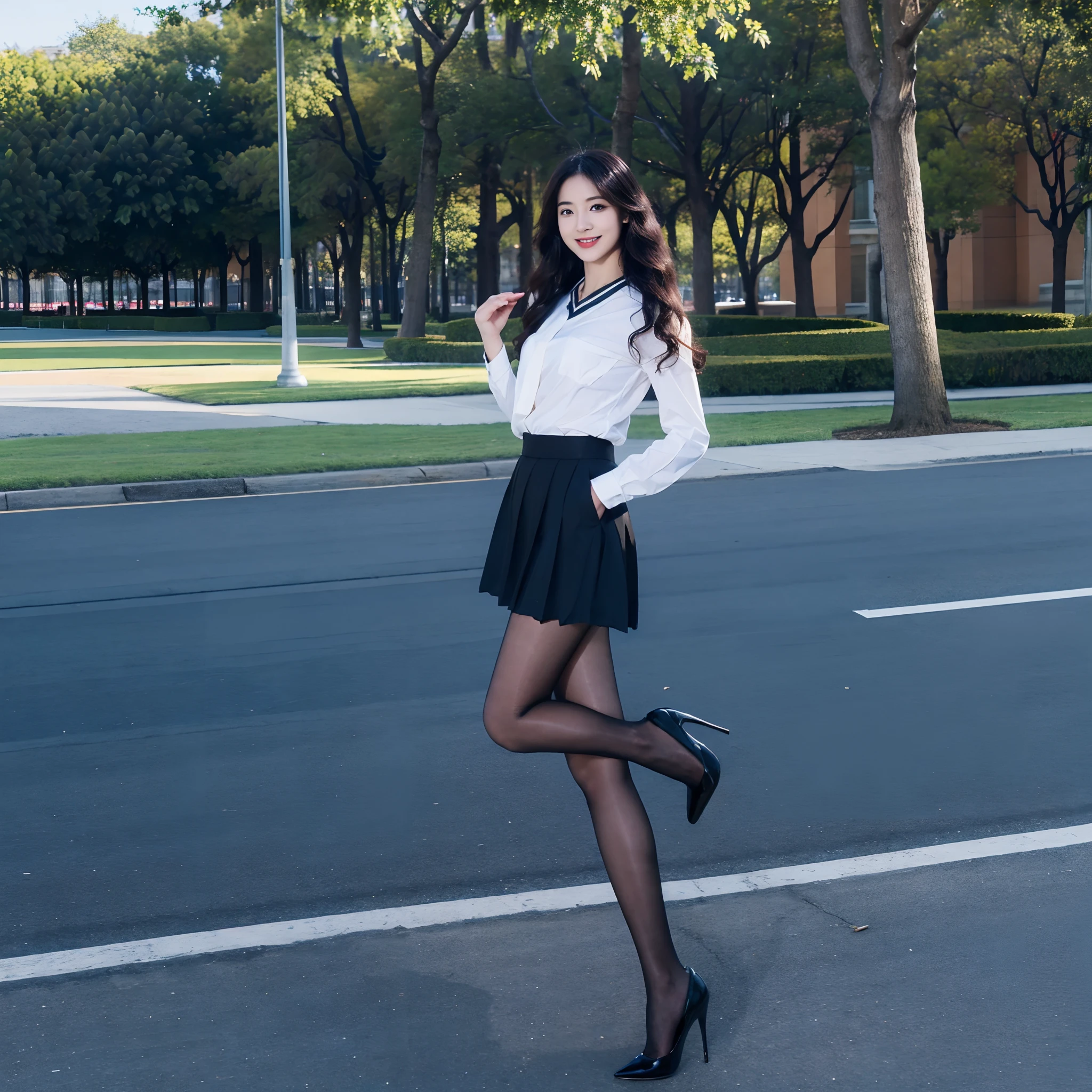 Masterpiece, Best quality,  beautifullegs, Fine, Delicate，Best quality, A high resolution, ((at park)), Smile,  Aurora black stockings，high-heels，Big wavy hair，Uniform set，standing on your feet