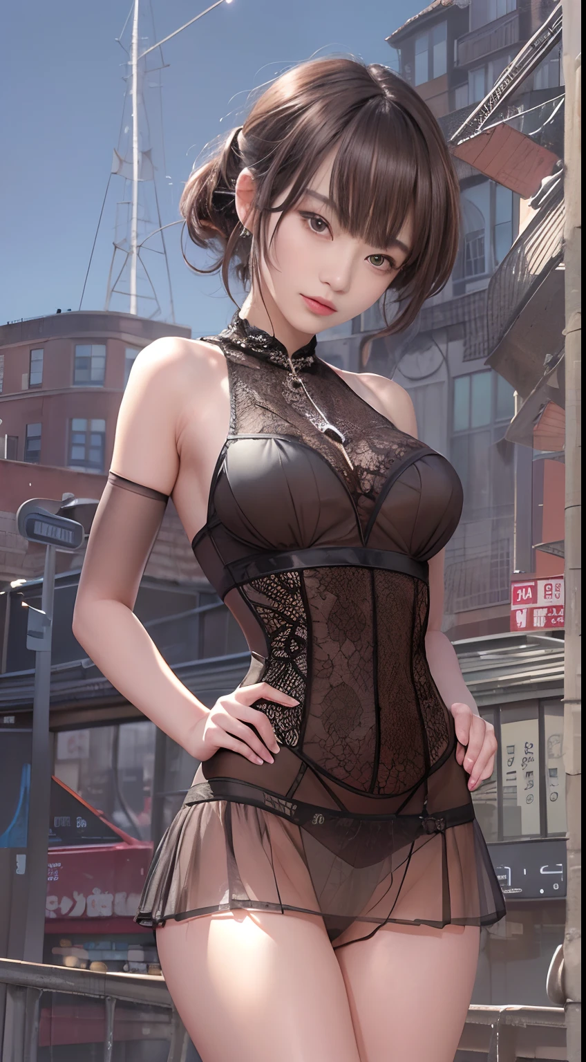 ((midynight, Need, 8K, tmasterpiece:1.3)), full bodyesbian, Long legs, Focalors:1.2, perfect figure beautiful woman:1.4, Slim abs:1.1, ((Dark brown hair, huge tit:1.2 )), (Lingerie transparent, transparent panty, standing on your feet:1.2), ((urban street scene, the roof:1.3)), Highly detailed facial and skin texture, A detailed eye, 二重まぶた