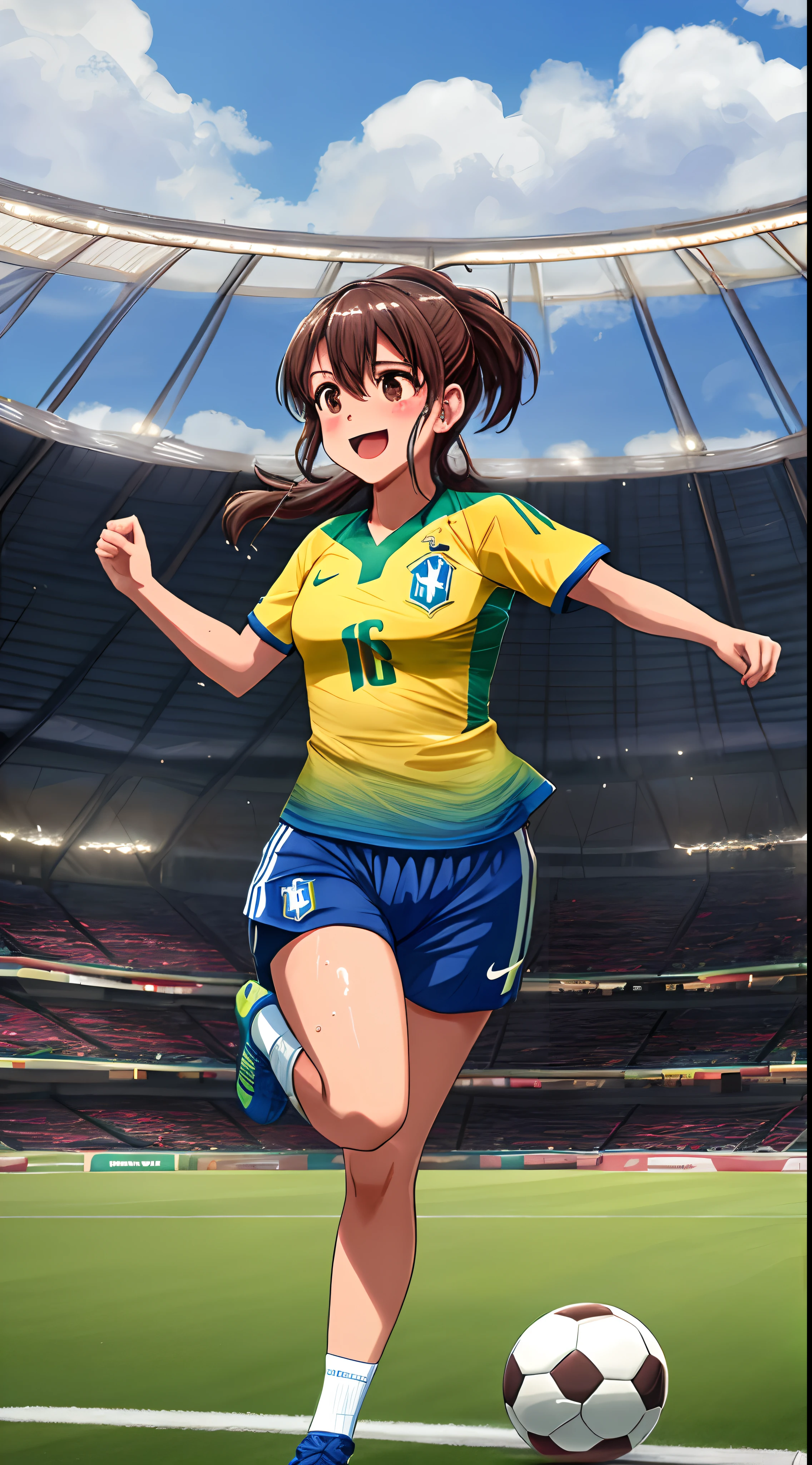 Garota jogando futebol brasileiro, sweaty while running with the ball on her foot, camisa do Brazil, ultra HD, campo de futebol, football stadium, garota de cabelo azul