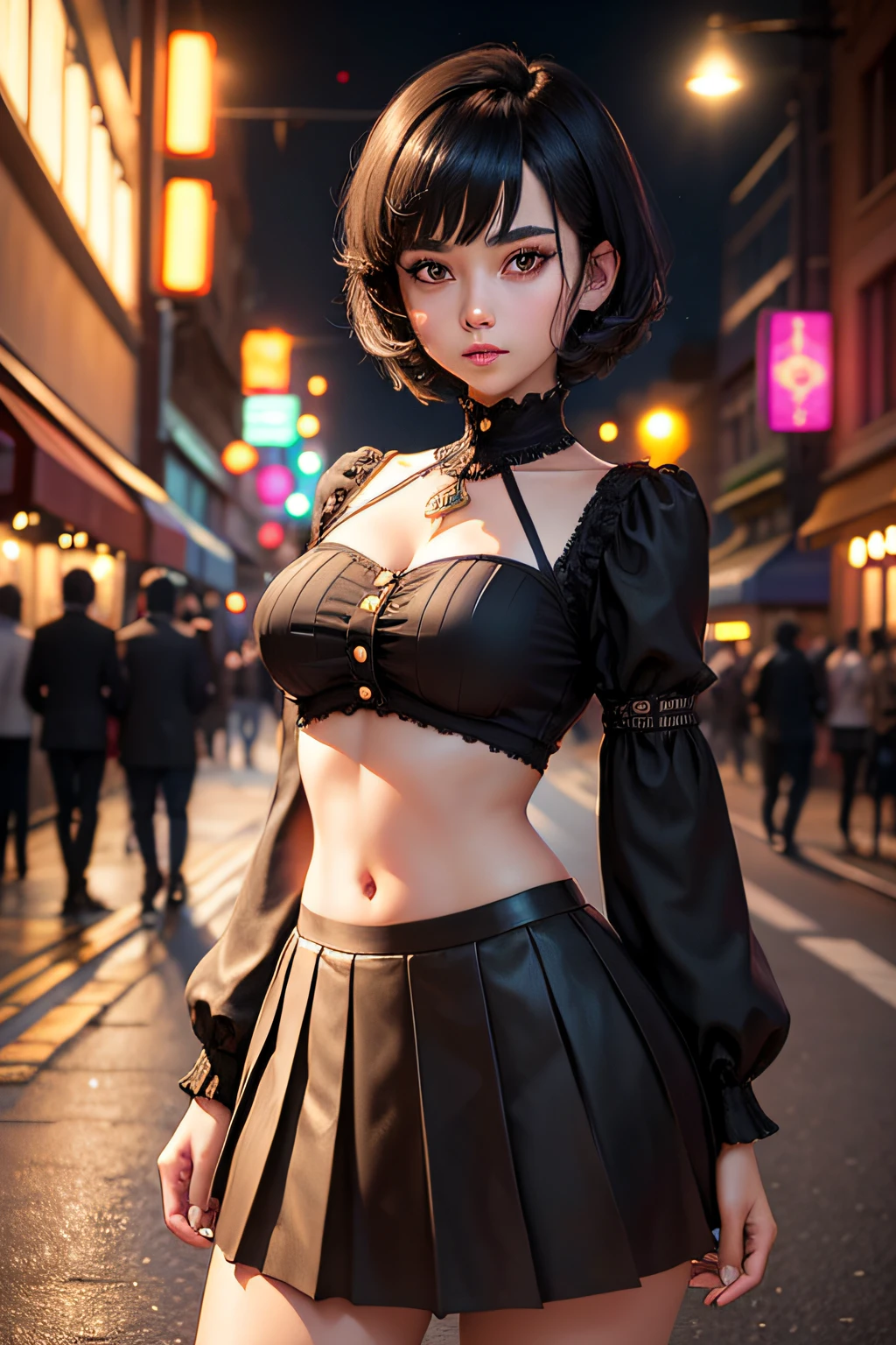 cute young woman, Short black hair, Brown eyes, empress,Pleated skirt dress,Street Lighting,Neon,Bustling street background,(navel:1.1,princess eyes), upper class, Royal style family, High Quality, masterpiece, high-detail