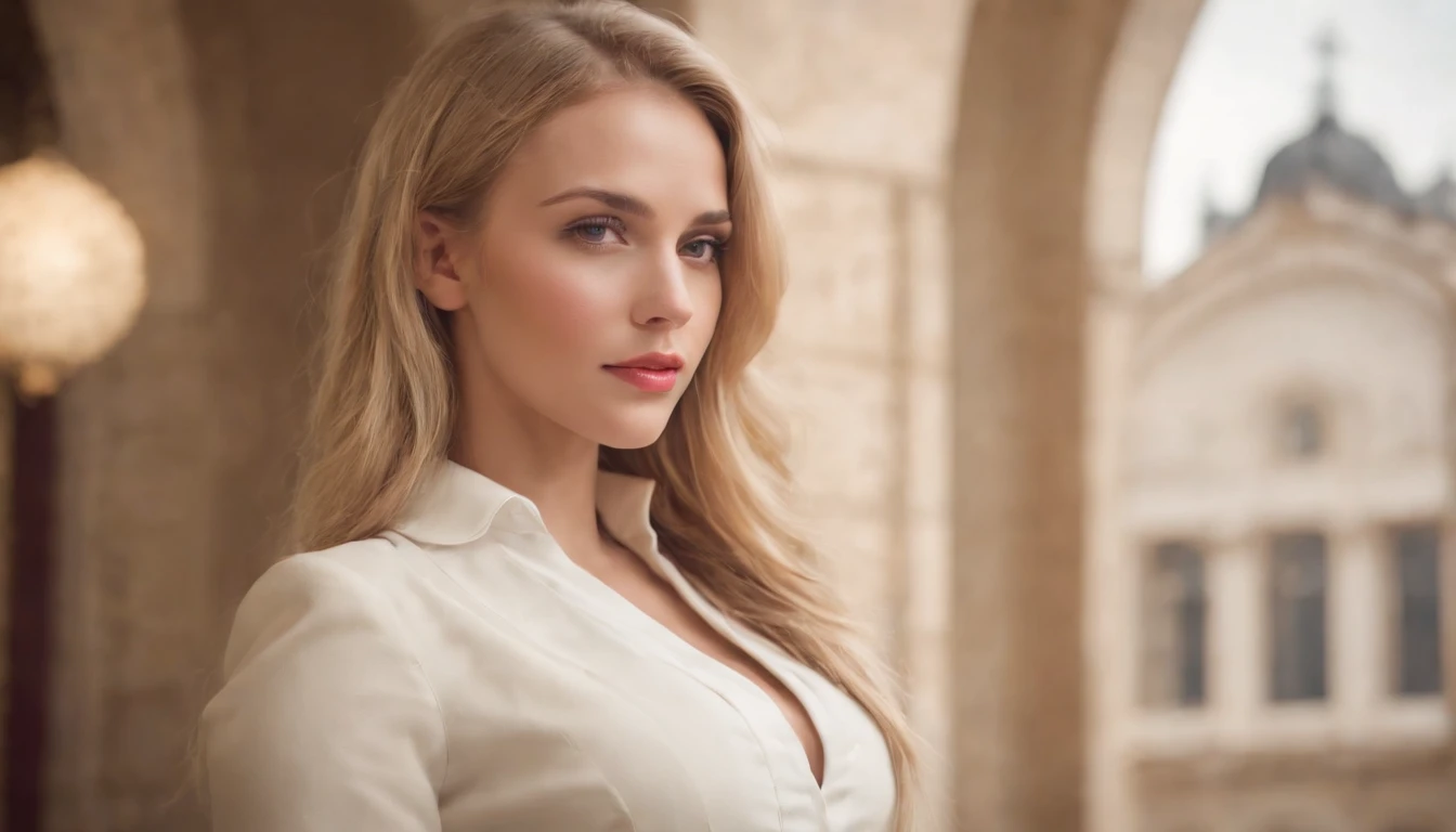 Realistic, blonde hair, rabo-de-cavalo, maquiagem, sorriso maligno, Shy, Surrealismo, High detail, profundidade de campo, Cinematic lighting, reflection light, luz brilhante, UHD, retina, master part, ccurate, pele texturizada, Super Detalhe, alta qualidade, Detalhes altos, melhor qualidade, Premiado, Altas. A photo of the sexy Ukrainian girl sitting in a train station, wearing a sexy office uniform. Looking at the Viewer. clivagem exposta.