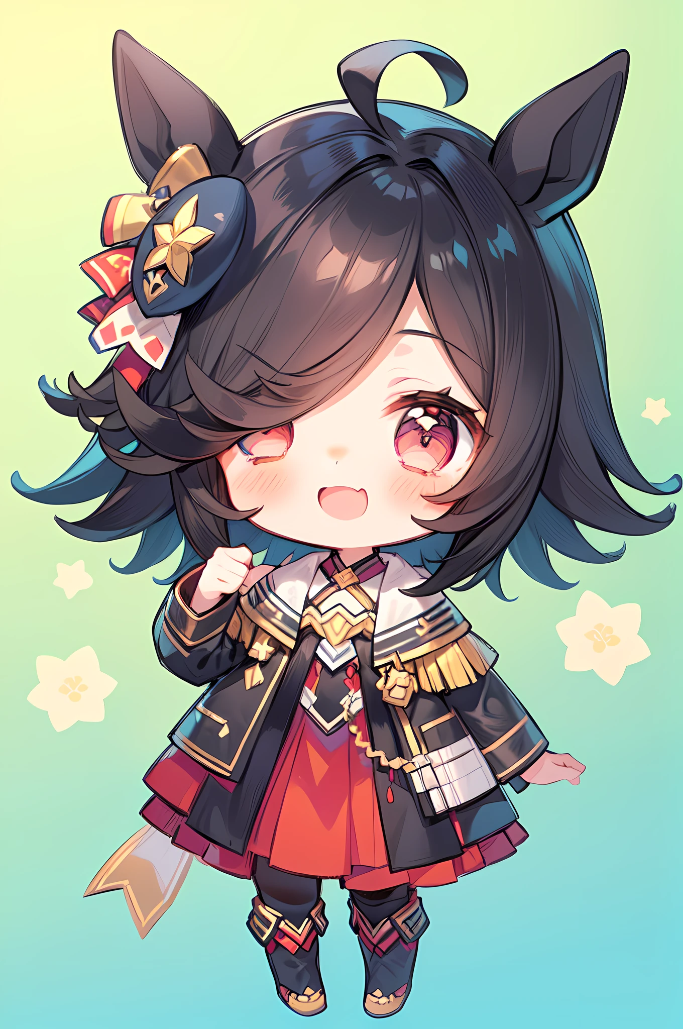 (((masutepiece))), Best Quality, Extremely detailed, (Umamusume Costume:1.4), (((girl with))), (((Solo))), Black hair, Happy, Full body, Ahoge, (((Deformed))), (((Chibi Character)))