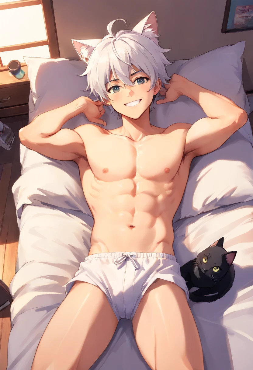 cute male, cat ears, cat tail, looking at camera, smiling, white hair, shirtless, white jockstrap, laying on bed, japanese house, 4 , cute boy, small body, no shirt, black neck collar, jockstrap, bulge, hands behind head, leash