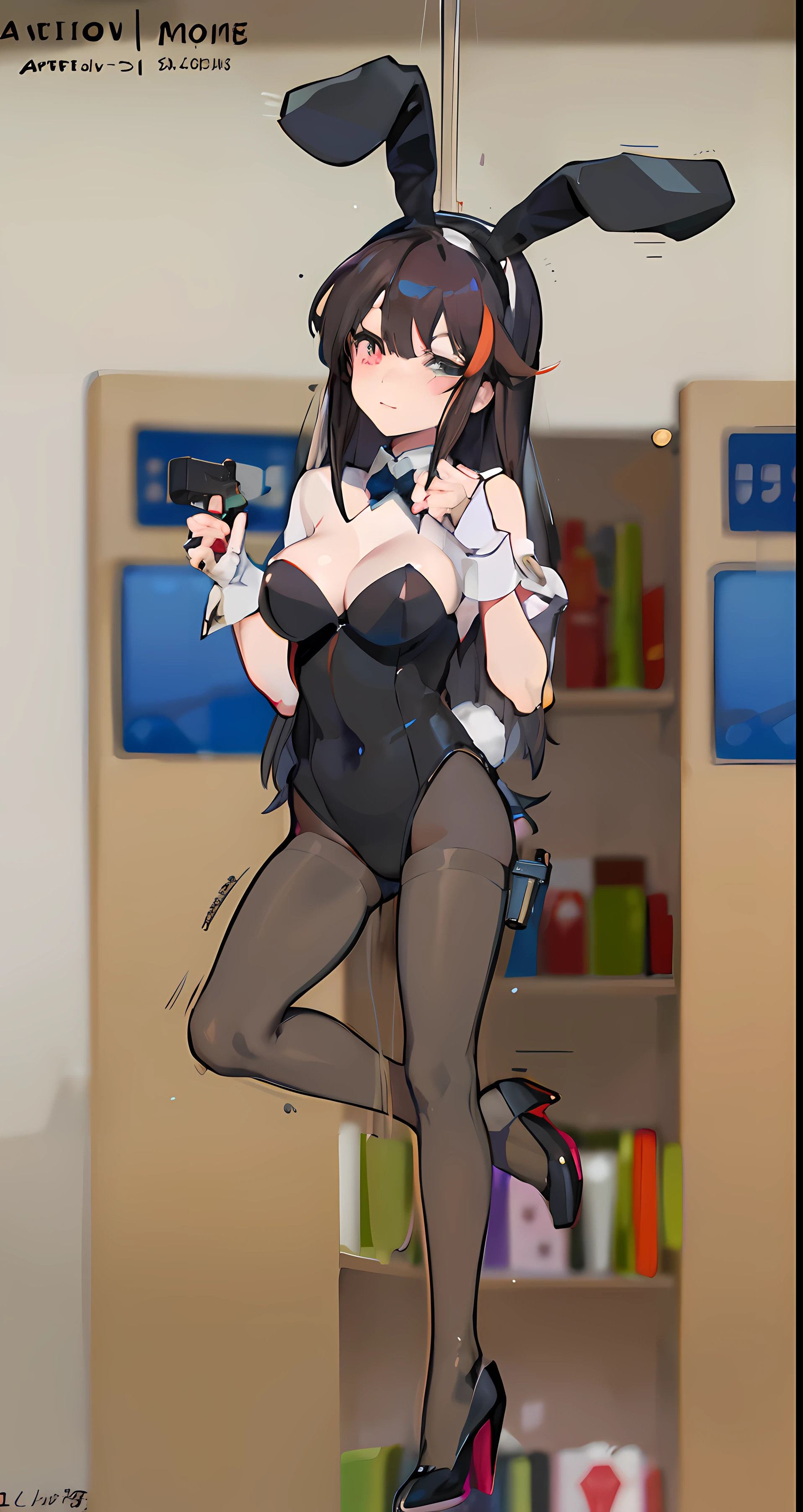 Cartoon picture of a woman in a rabbit costume with a gun, cel shaded anime, anime moe artstyle, ecchi anime style, anime girl in a maid costume, anime girl in black dress, seductive anime girl, kantai collection style, anime barbie in white stockings, full - body!!, marin kitagawa fanart, cel - shaded art style