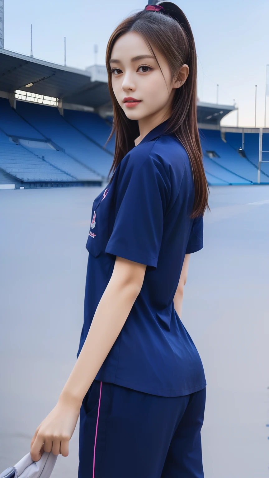 (bestquality,10,10,highres,masterpiece:1.2),ultra-detail,(Realistic,photorealistic portrait,photo-realistic:1.37),1 Cute girl in the football field,oily shiny skin,bara,light smile,BDclothes,((blue shirt:1.3)),short sleeves,Shirt, trousers.,(navy_long_Pants Track:1.1), ((Stadium Background:1.3)),dynamic angle,excited,face focus,Dynamic Poses,from behide,Ass Focus,masterpiece, bestquality, ultra realistic, hyper-detail, 8k resolution, RAW photo, crisp focus, ((Navy blue shirt:1.1)), short sleeves, Long Path, Perfect body, 2 mature women, 18yo, cinematic light,Blue sweatpants,Gymware,Correct anatomy,Complete body, Correct body, sharp face, Anatomically correct body, full entire body, Realistic gestures, long-haired, Realistic poses,Wear long shorts..,Long leg span,Shapely,Sculpting Girl, from behind, focus ass, Slim figure, mannequin mannequins, Shapely, Beautiful body