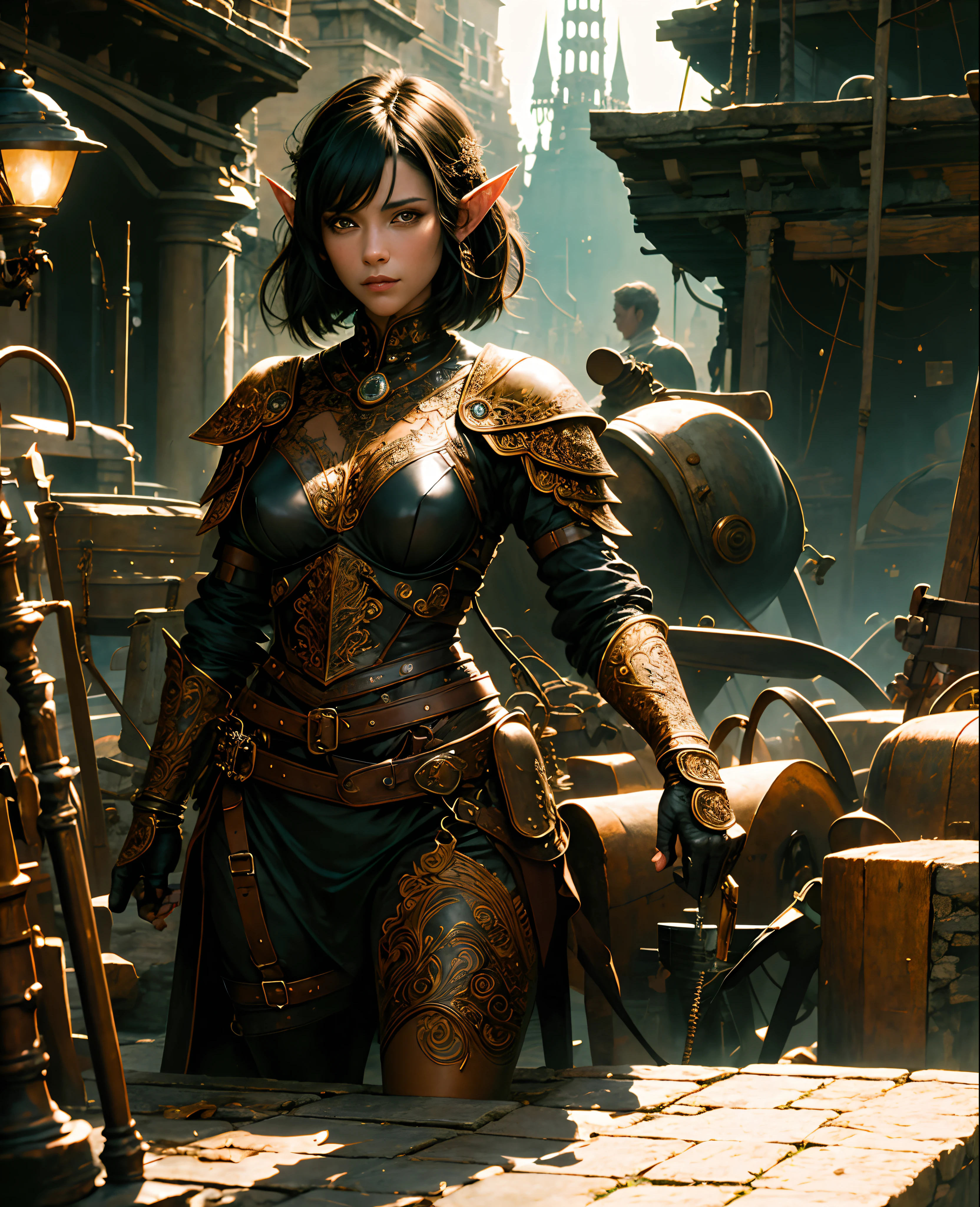 (masterpiece:1.2) (illustration:1.1) (best quality:1.2) (detailed) (intricate) (8k) (HDR) (wallpaper) (cinematic lighting) (sharp focus), (1girl), beautiful woman, skinny, elf, fair skin, short black hair, black armor, black leather, leather straps, serious face