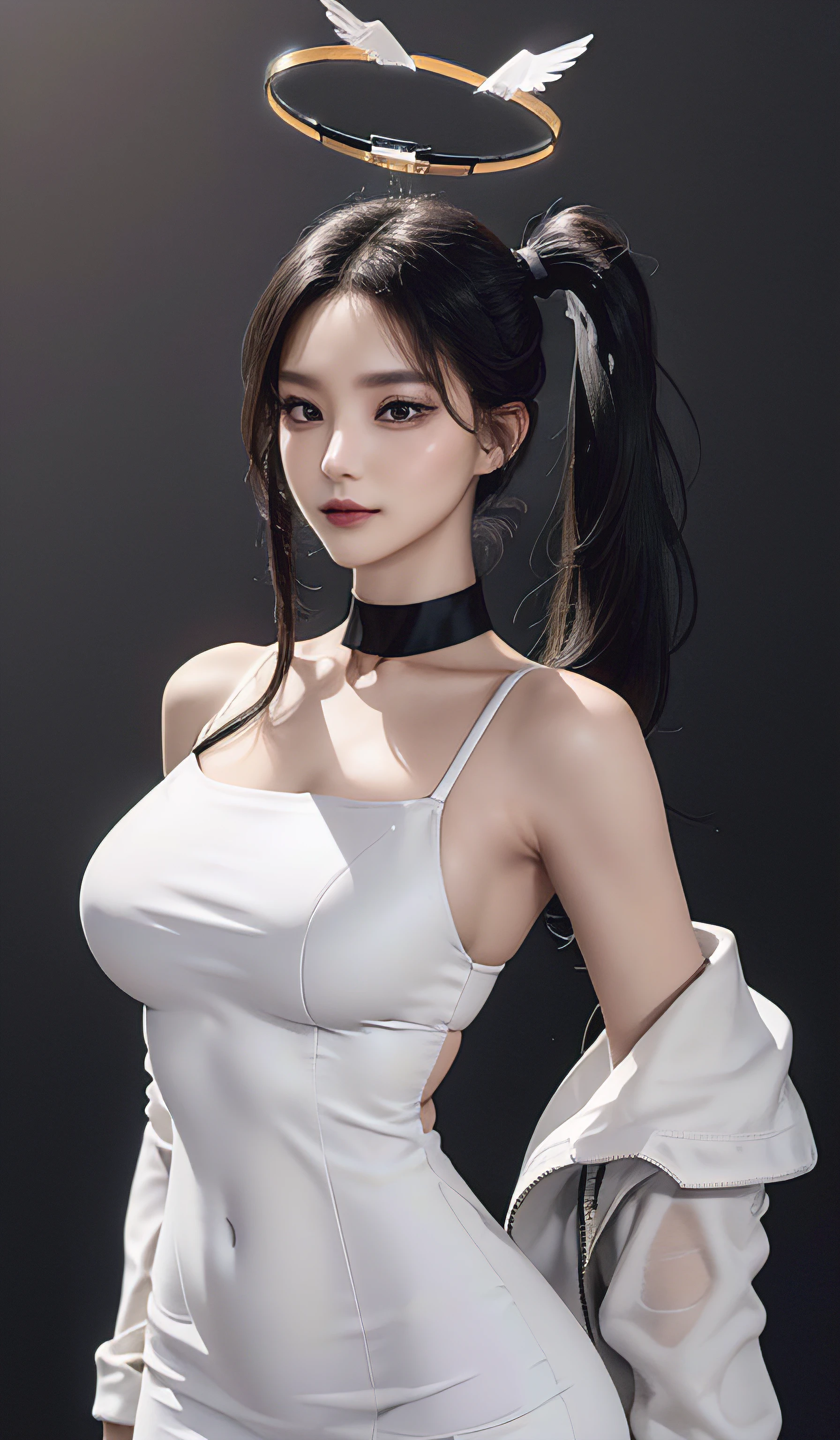 Cowboy shot, (Black wings:1.2), Very long hair, Side ponytail, choker necklace, Holding, cropped shoulders, (White dress:1.3), White jacket,Halo,