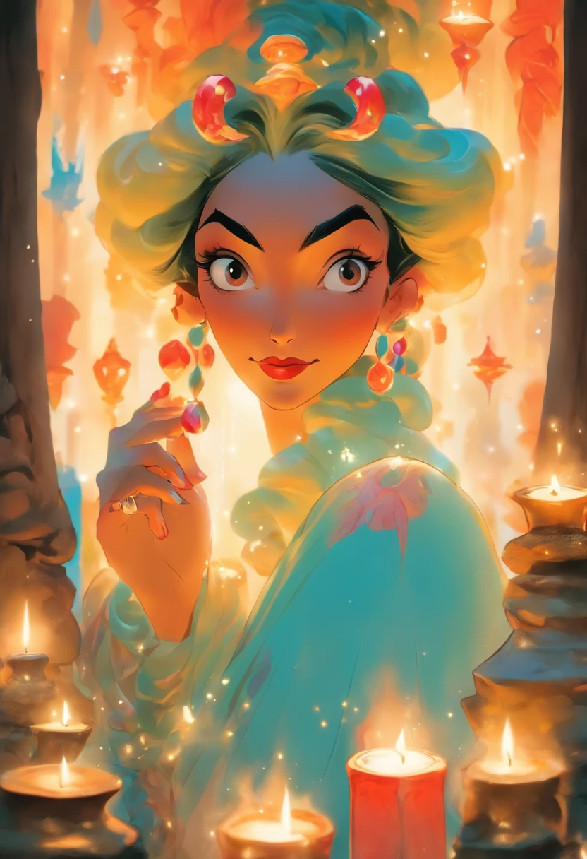 Uma misteriosa feiticeira sedutora, com longos cabelos pretos e olhos vermelhos penetrantes, capaz de manipular a vontade dos outros com palavras doces. She's mischievous, But he also has a loving and kind heart. Em sua mesa de trabalho, full of vials and potions, She helps those who deserve it with her spells. The atmosphere around you is charged with magic and mystery. with its exotic beauty, She uses her feminine skills to achieve her goals.

Para capturar essa cena encantadora, a photographer would use an analog camera, como uma Nikon F3, com filme de alta sensibilidade para capturar os detalhes sutis. A soft-focus lens would be used to create an ethereal atmosphere and a shallow depth-of-field effect. A foto seria tirada em um ambiente escuro, Iluminado apenas por velas, highlighting the magical aura of the sorceress.

Justapondo Artistas: Salvador Dalí, Aninha Leibovitz, Hieronymus Bosch