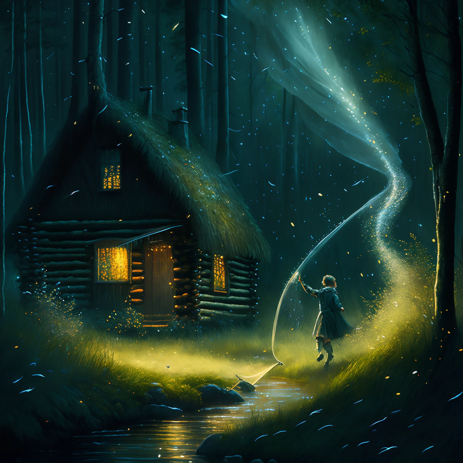 ((Amazing artwork)), bestquality, ultra-detail, (((Quiet Cabin))), Increased aromatic smoke, Fireflies dancing in the grass, (((children))) Chasing them with a net., (((Clear Flow))) Full of catches of the day., Surrounded by the darkness and beauty of the mysterious forest..