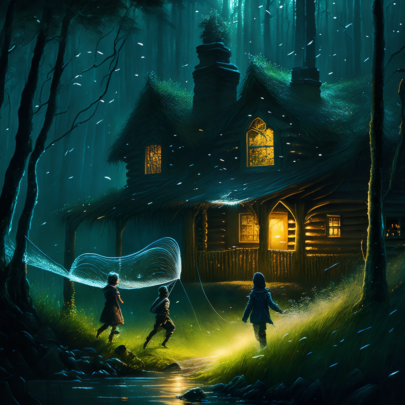 ((Amazing artwork)), bestquality, ultra-detail, (((Quiet Cabin))), Increased aromatic smoke, Fireflies dancing in the grass, (((children))) Chasing them with a net., (((Clear Flow))) Full of catches of the day., Surrounded by the darkness and beauty of the mysterious forest..