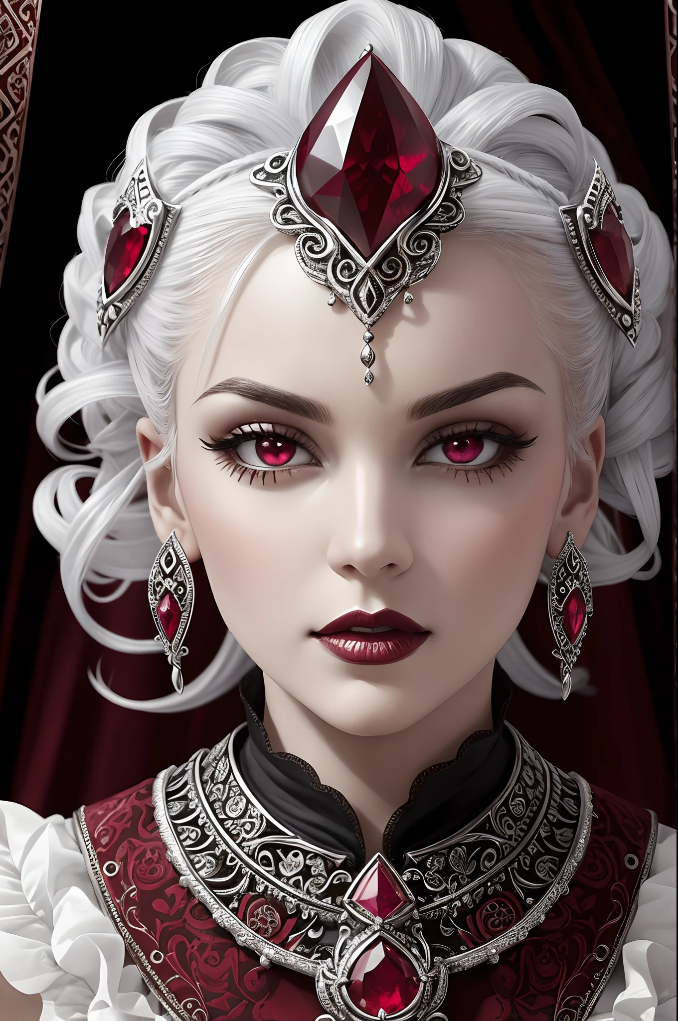 This silver-white polished alloy ring features a pear-shaped ruby, Displayed on dark red velvet. The carved pattern exudes an air of mystery. Close-ups reveal details, Colorful fabrics. Gothic bizarre decorative jewelry illustration，insanely detailed and intricate, hypermaximalist, elegant, opulent, Ultra photo realsisim, Super detailed