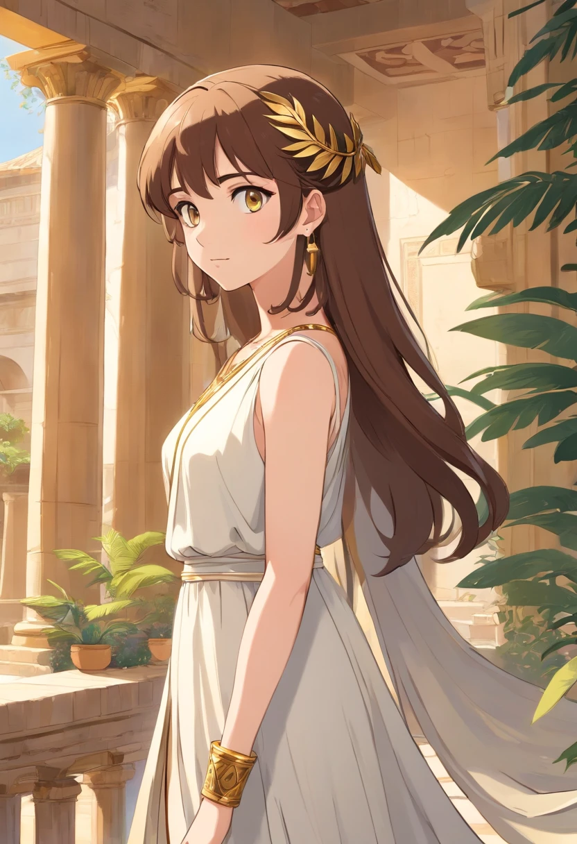 **cleopatra, white woman, ancient greek dress, golden olive leaves tiara, brown curley hair, open chest, white dress, hazelut eyes, in alexandria, on an ancient greek patio with hight columns, white curtains, sees the hurber, wooden ships, a queen, --s 750** - (fast)