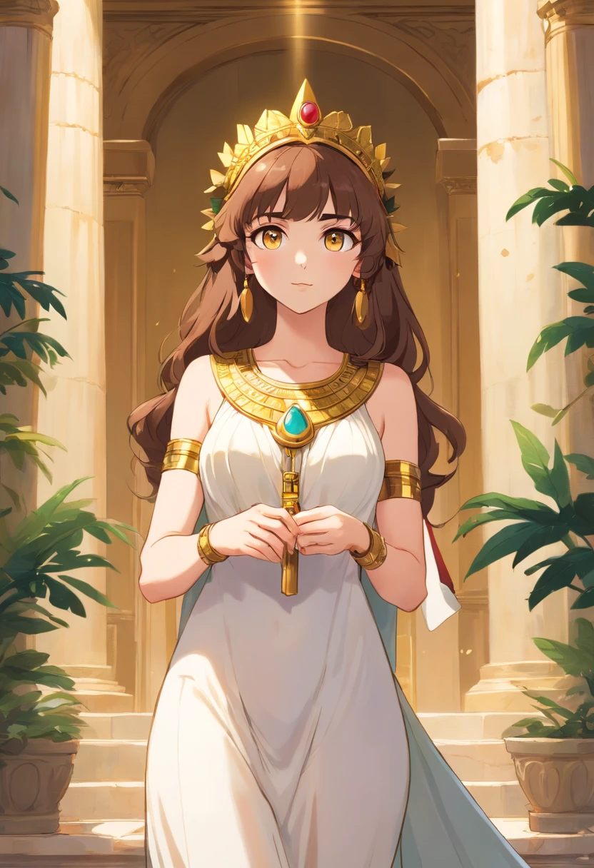 **cleopatra, white woman, ancient greek dress, golden olive leaves tiara, brown curley hair, open chest, white dress, hazelut eyes, in alexandria, on an ancient greek patio with hight columns, white curtains, sees the hurber, wooden ships, a queen, --s 750** - (fast)