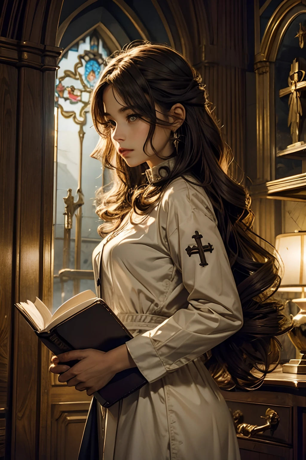 Woman curls and christian cross and holy bible