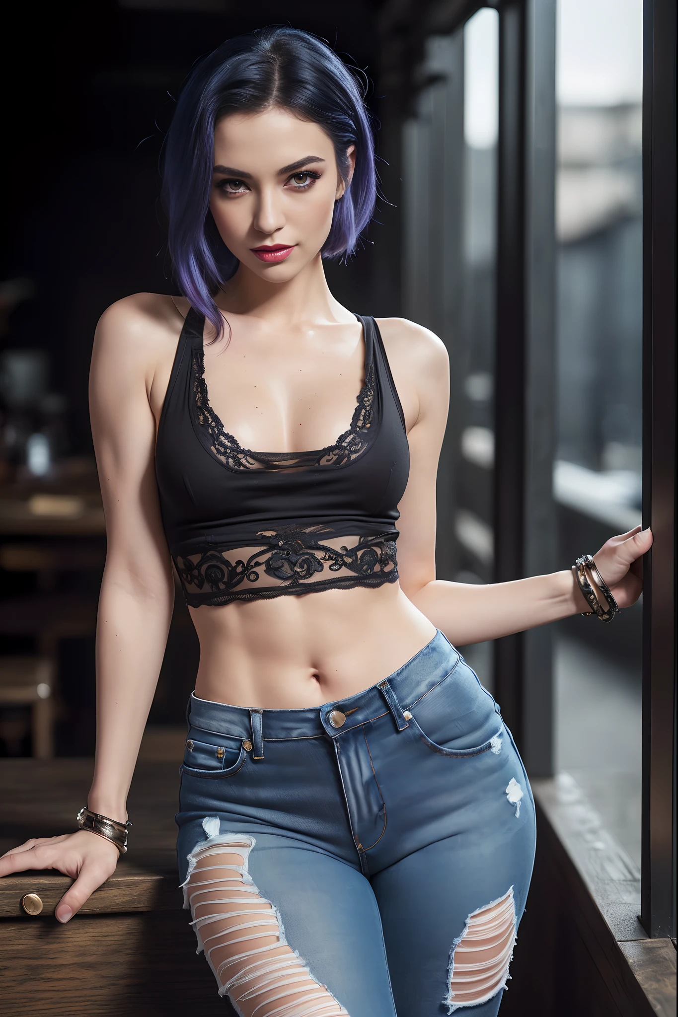 Masterpiece, Jinx from Arcane, flirty expression, tank top, tight ripped jeans, intricately detailed background, (UHD, 8K wallpaper, High resolution), Cinematic lighting, award-winning, extremely detailed skin, extra detailed face, high detail eyes, photo-realistic, Zeiss 85 mm F/1.4, by Ellen von Unwerth
