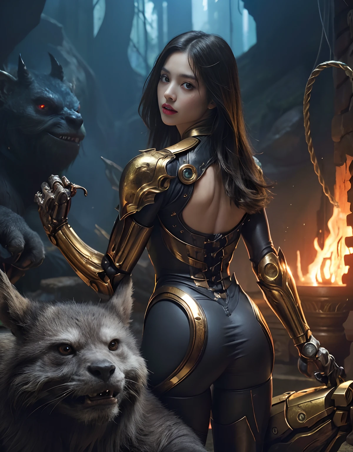 (1 Mechanical Girl)、top-quality、​masterpiece、超A high resolution、(Photorealsitic:1.4)、Raw photo、1人、Fight mutants、glowy skin、(((1 Mechanical Girl)))、With a beautiful knife、（Yellow Metal Bodysuit）、(Kobold、ogre、Fierce battle with orcs),（Fight fiercely against aliens）、Precipitous cliffs、(beautiful forest background)、(Fighting Demonic Beasts)、(Small LED)、((super realistic details))、portlate、highly intricate detail、Realistic light、(Mystical expression),CGSoation Trends、(Strong giant demon beast background),globalillumination、Shadow、octan render、8K、ultrasharp、Colossal tits、Raw skin is exposed in cleavage、metals、Details of complex ornaments、Japan details、highly intricate detail、Realistic light、(Mystical expression),CGSoation Trends、Red Eyes、radiant eyes、Facing the camera、neon details、(Mechanical limbs)、(blood vessels connected to tubes)、Mechanical vertebrae attached to the back、mechanical cervical attaching to neck、(Wires and cables connecting to the head)、Gundam、Small LED、,Mechanical thighs、Toostock、（Hands are also made of machines）、（Attack of the Monster Beasts）、