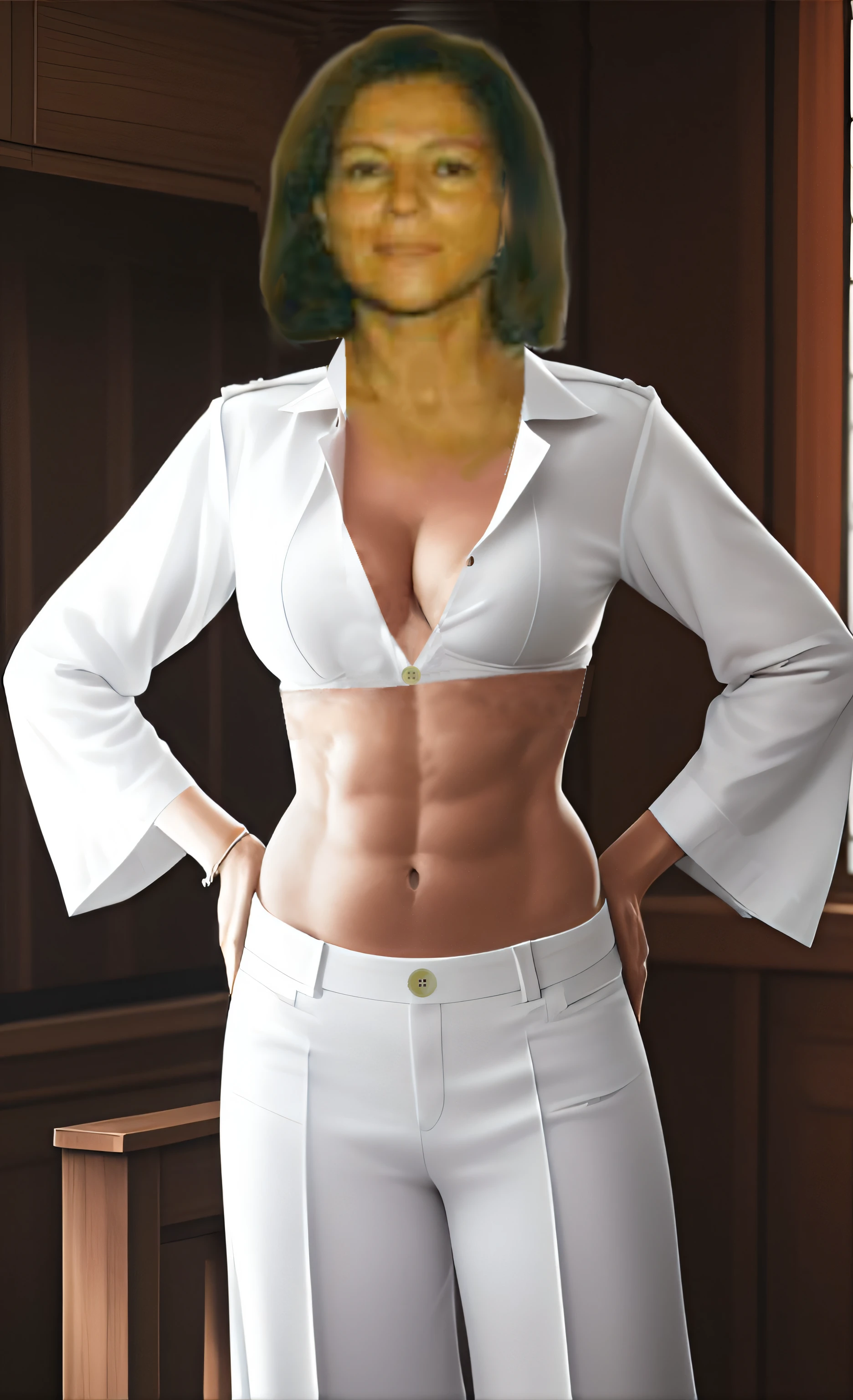 there is a woman with a very large breast and a very big breast, female doc savage, fully clothed. painting of sexy, upper body portrait, perfectly shaded body, wide torso, waist up portrait, female human torso, 3 d render of a full female body, torso portrait, gordon freeman as a woman, crop shirt and strong abs