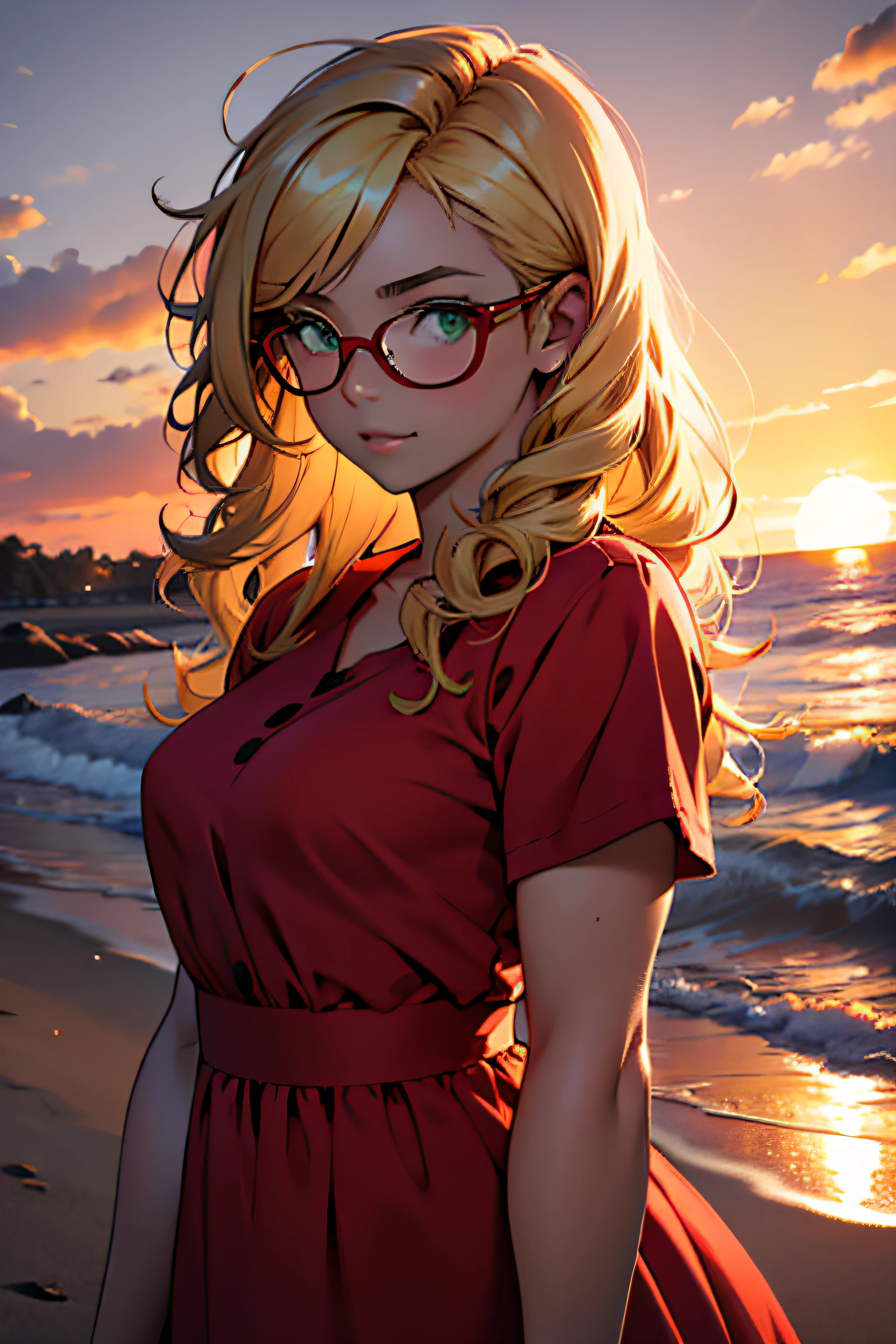 Girl, blond hair, chubby, Glasses, Curly Hair, Red Dress, Green Eyes, Sunset Background