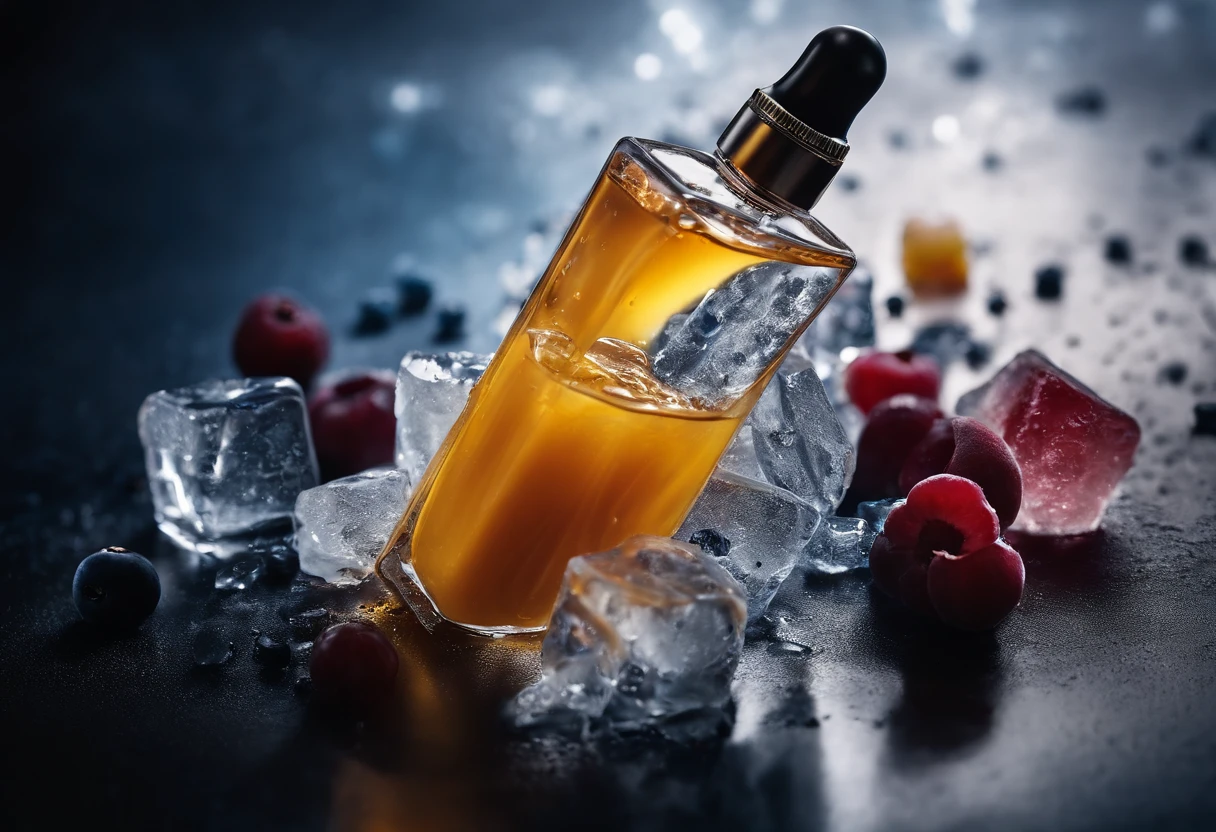 cinematic photo photography of a small vape device standing on a dark shinny surface in the left side of screen with reflections and in background pieces of blueberry and ice cubes falling down and a juice splash on the floor behind the product.