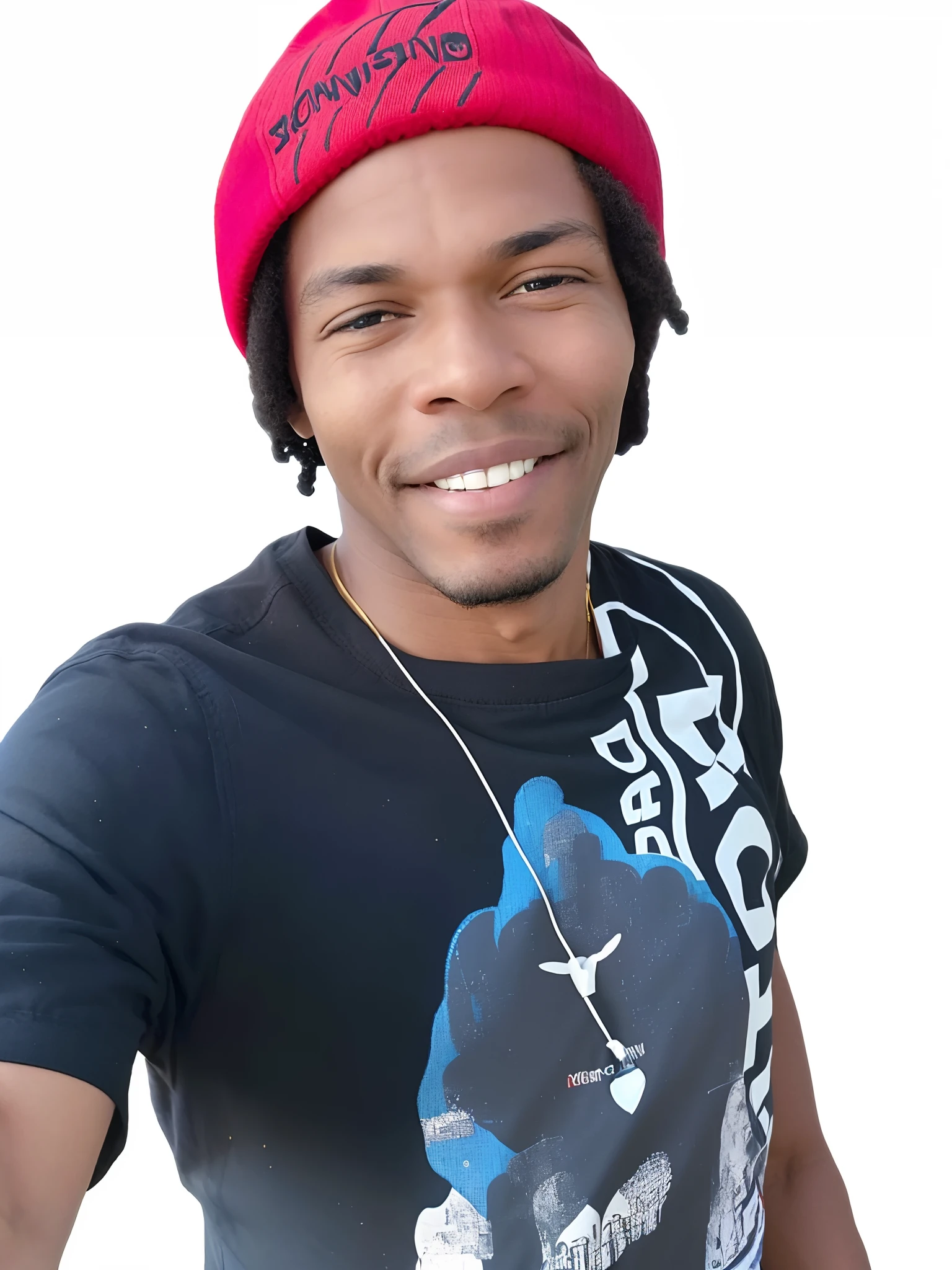 smiling man wearing a red hat and black shirt with a red cap, taken in the early 2020s, barry qindsor-smith, very very low quality picture, profile photo, george pemba, uploaded, mongezi ncaphayi, a photo of a man, album photo, profile pic, profile picture, facebook profile picture