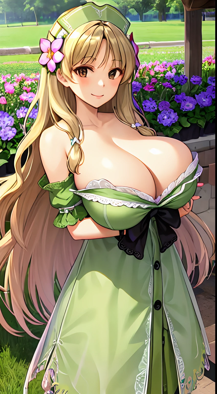 (masterpiece), (1girl), (smile), (gigantic breast:1.2), (long hair), (looking at viewer), (from front), (hair flower), (flower field), (charayesha)