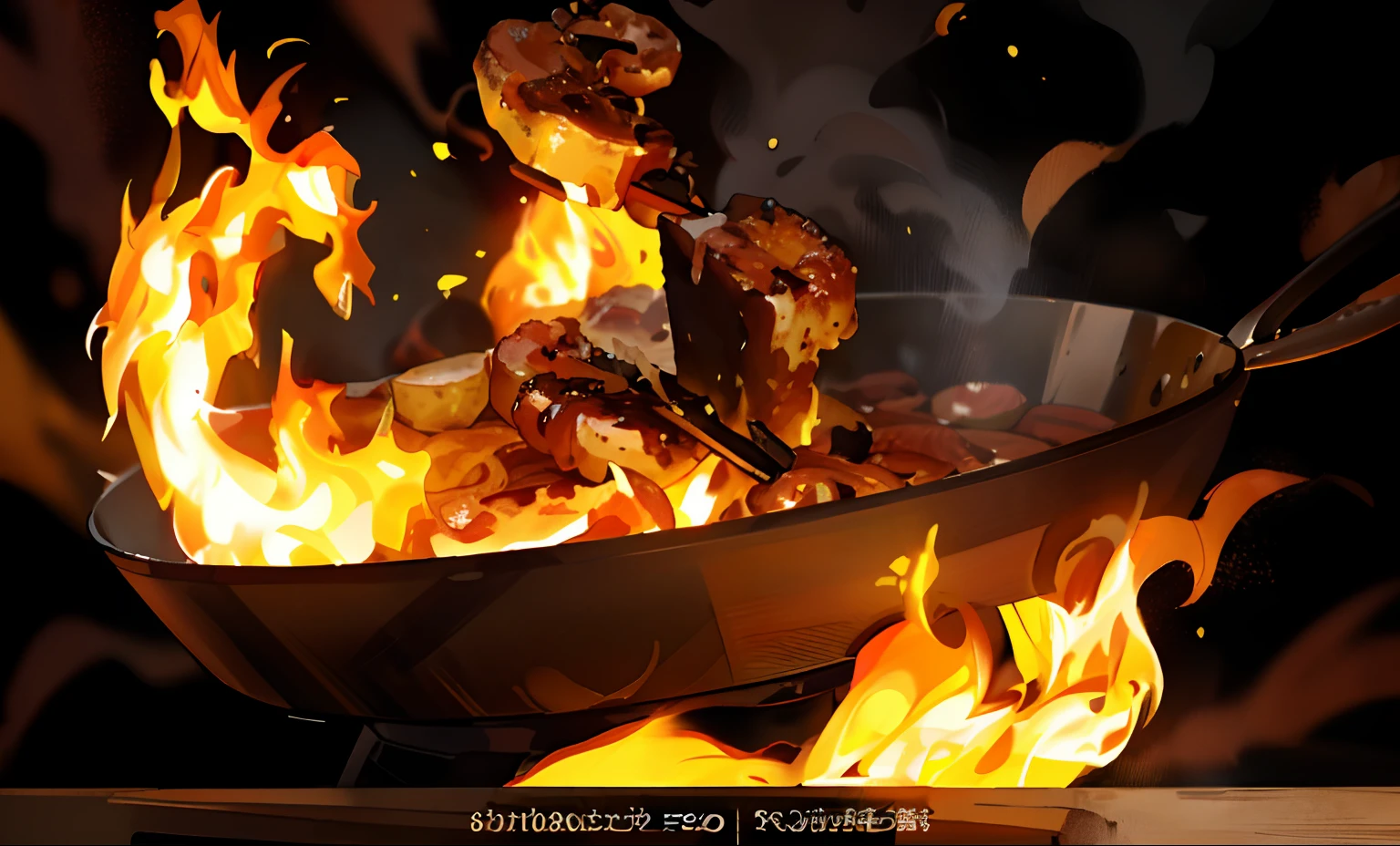 A close-up of a wok,There was a pile of food on it, professional food photo, closeup at the food, steaming food on the stove, wok, professional food photography, food commercial 4 k, with lots of fire coming from it, awesome greate composition, highly detailed fire tendrils, cooking it up, Fire and fire, On a black background