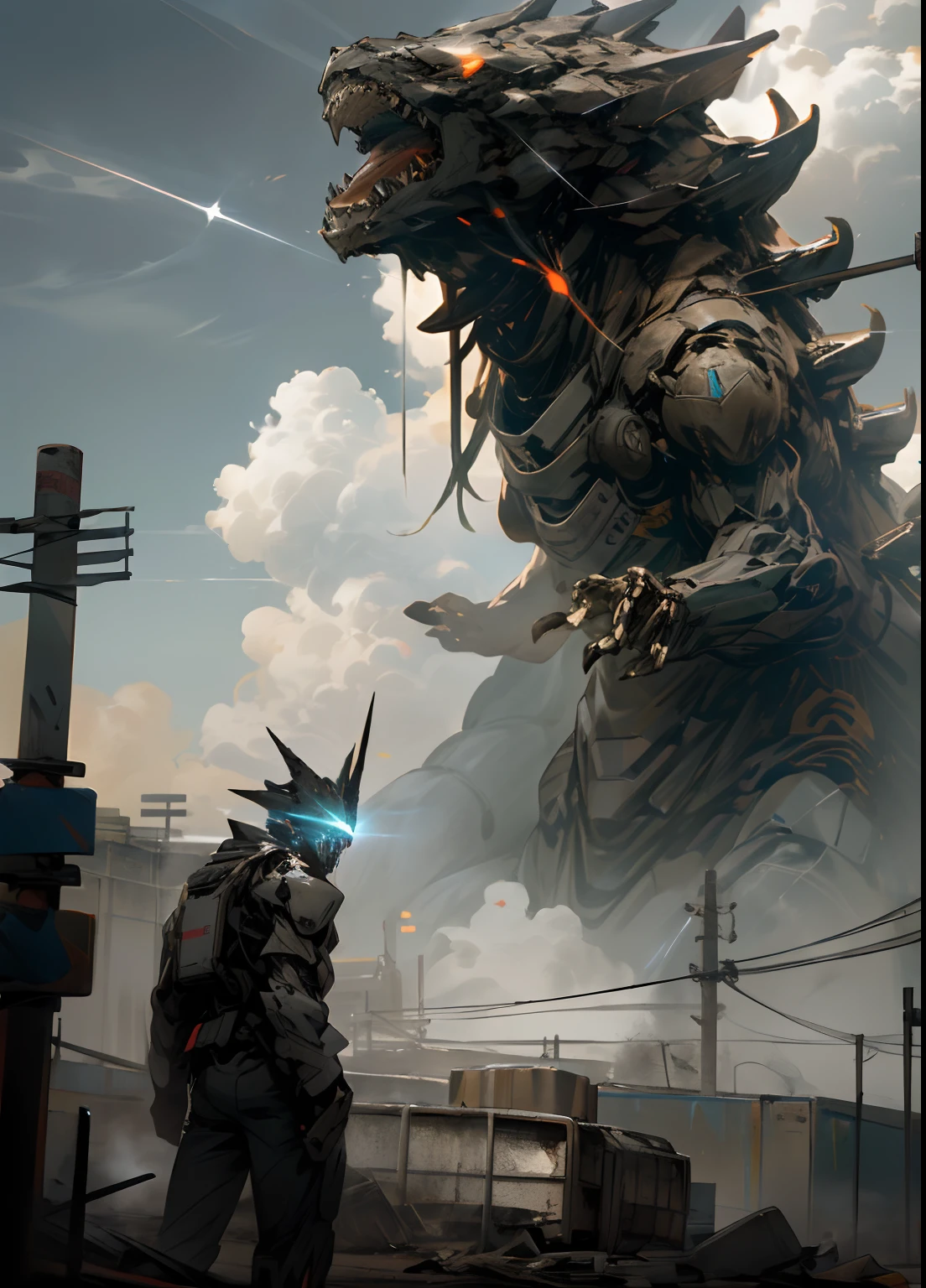 Skysky,clouds,holding_weapon,no_humans,with light glowing,,droid,buliding,glowing_eyes,mecha,scientific fiction,城市,Realistis,mecha,Up,Wasteland,Godzilla