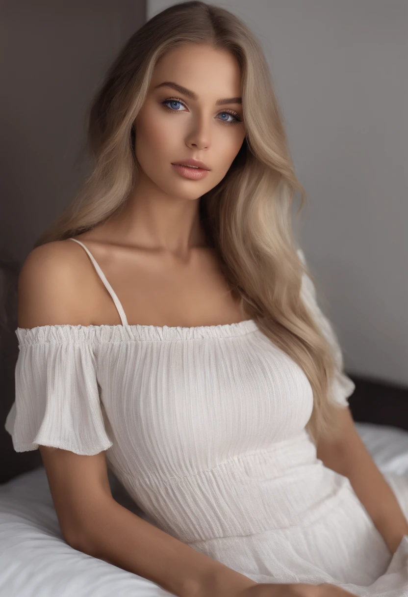 arafed woman fully , sexy girl with blue eyes, ultra realistic, meticulously detailed, portrait sophie mudd, blonde hair and large eyes, selfie of a young woman, bedroom eyes, violet myers, without makeup, natural makeup, looking directly at the camera, face with artgram, subtle makeup, stunning full body shot kneeling on bed, in bedroom, medium to large size bust; ; ;naked