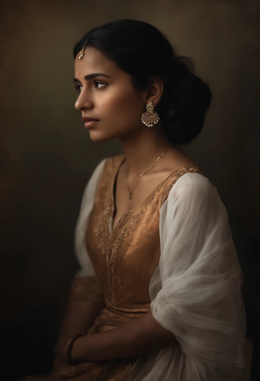 chupipaleta photorealist,Step into a moment of poignant introspection as a young woman, approximately 24 years old and of Nepali descent, stands before us in a formal dress, tears welling up in her eyes. The weight of her emotions is palpable as her gaze remains fixed ahead, a mix of vulnerability and strength etched across her face. The camera, positioned in front of her, captures the raw intensity of her feelings, freezing this emotional moment in time. The formal dress she wears, meticulously chosen, adds a touch of elegance and sophistication to the scene. The lighting, soft and gentle, bathes her tear-streaked face in a warm glow, accentuating the depth of her emotions. The style of the image draws inspiration from the emotive and captivating photography of renowned artist Platon. Prepare to be moved by the profound depth of emotion and the resilience captured in this powerful portrayal of a young woman navigating the complexities of life.