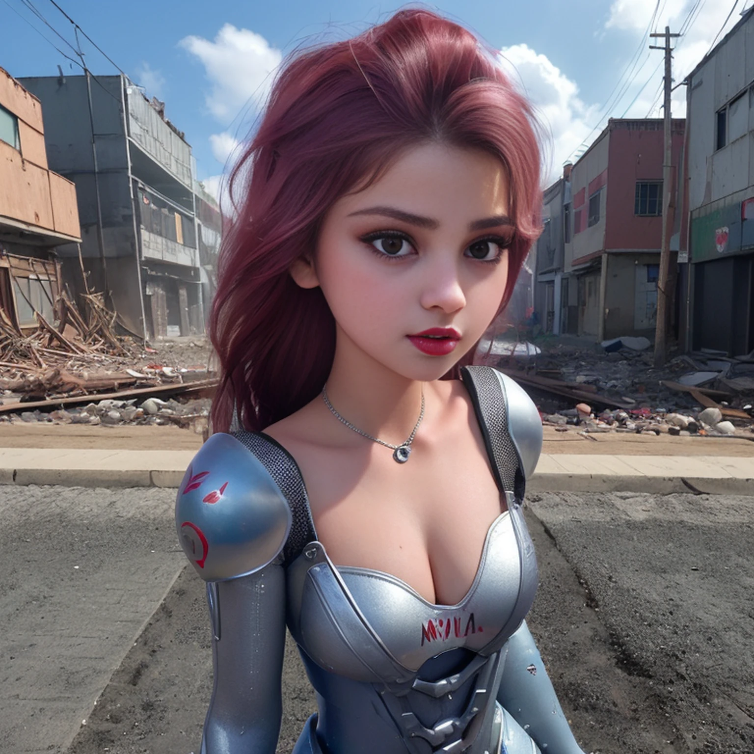 Motor irreal:1.4,UHD,melhor qualidade:1.4, fotorrealista:1.4, textura da pele:1.4, obra prima:1.8,obra-prima, melhor qualidade,Selena Gomez em traje de Mulher-Maravilha, (Cabelos compridos:1.4), (minissaia vermelha:1.4), Apocalyptic Destroyed City Background, (CyberpunkAI:1.4),(Beautiful and detailed eye description),(mulher-maravilha:1.4)
